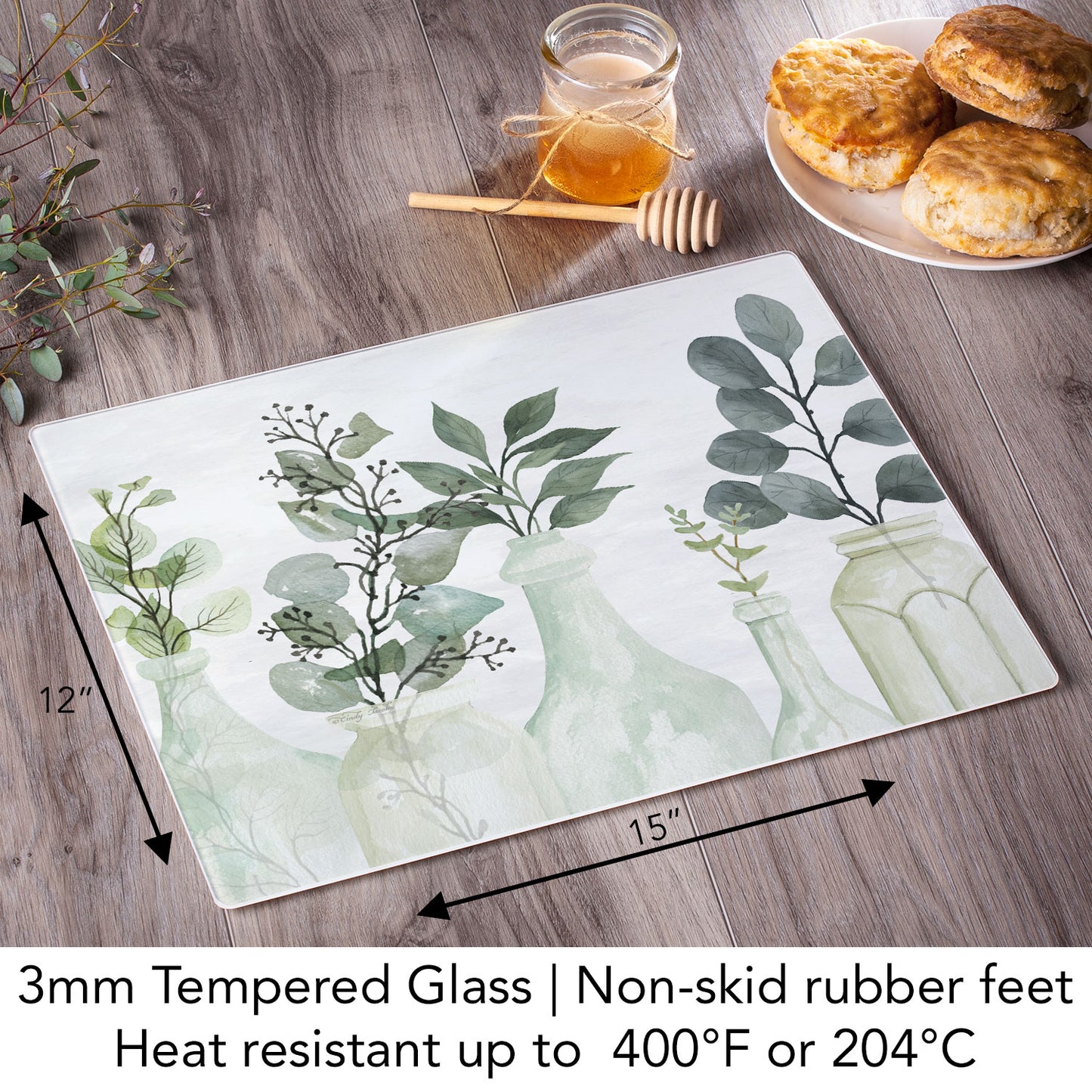 CounterArt Nature's Greenery 3mm Tempered Glass Cutting Board 15" x 12" Manufactured in the USA