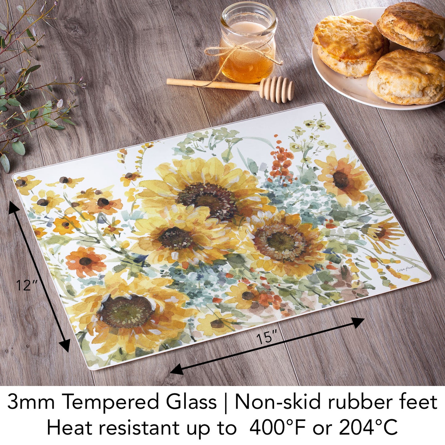 CounterArt Sunflowers Forever 3mm Tempered Glass Cutting Board 15" x 12"