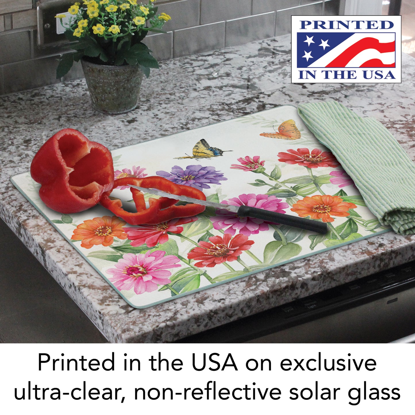 CounterArt Zinnias & Butterflies 3mm Tempered Glass Cutting Board 15" x 12" Manufactured in the USA
