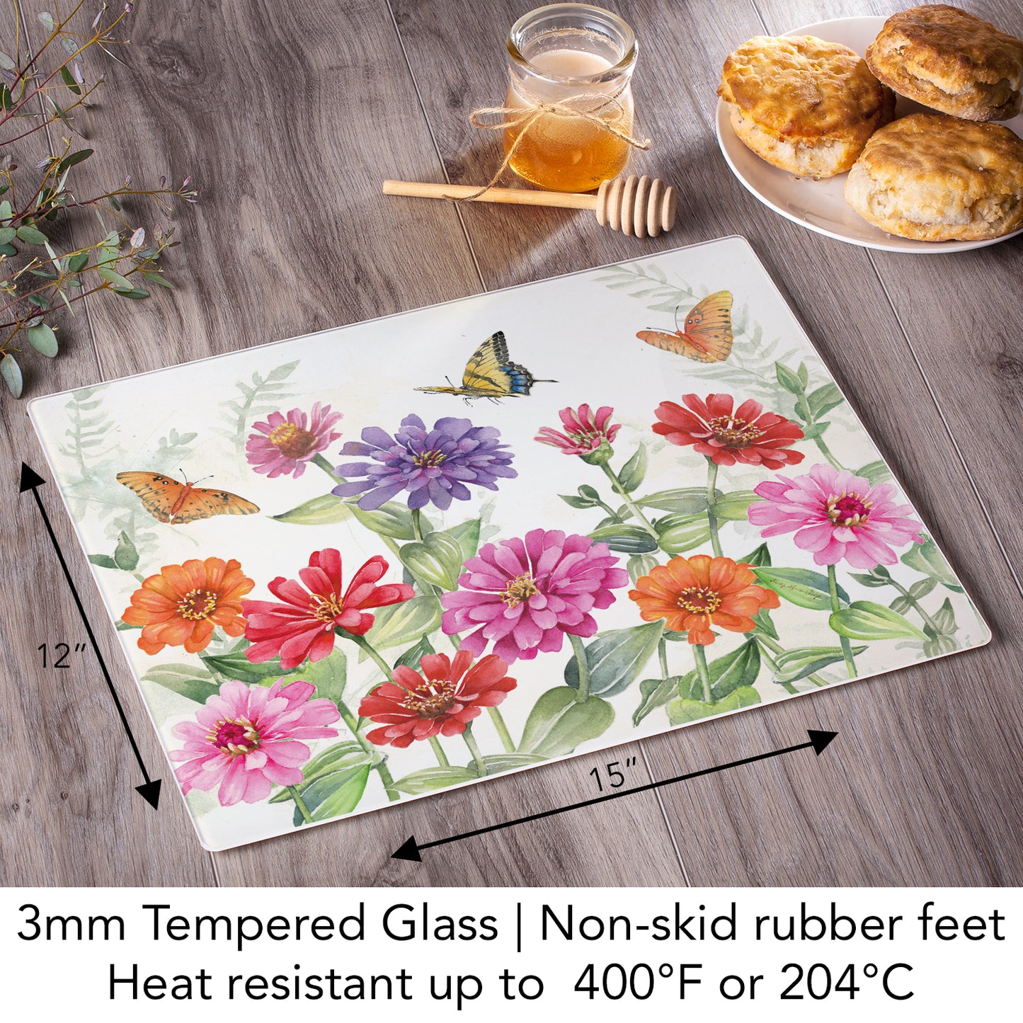 CounterArt Zinnias & Butterflies 3mm Tempered Glass Cutting Board 15" x 12" Manufactured in the USA