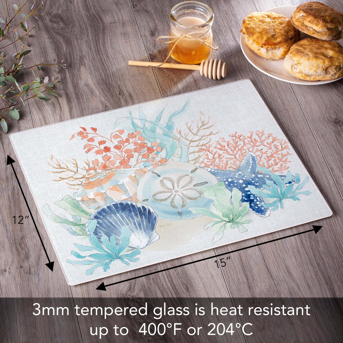 CounterArt Seaside 3mm Tempered Glass Cutting Board 12" x 15" Manufactured in the USA