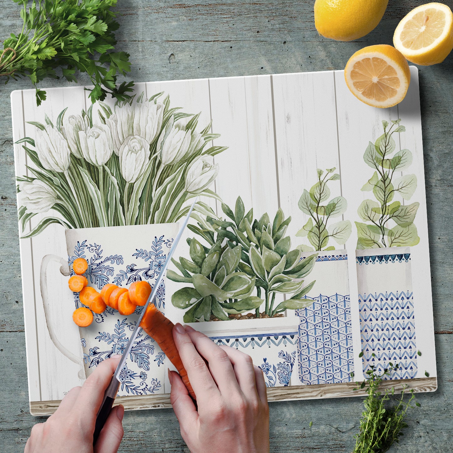 CounterArt Blue & White Pottery 3mm Tempered Glass Cutting Board 15" x 12" Manufactured in the USA
