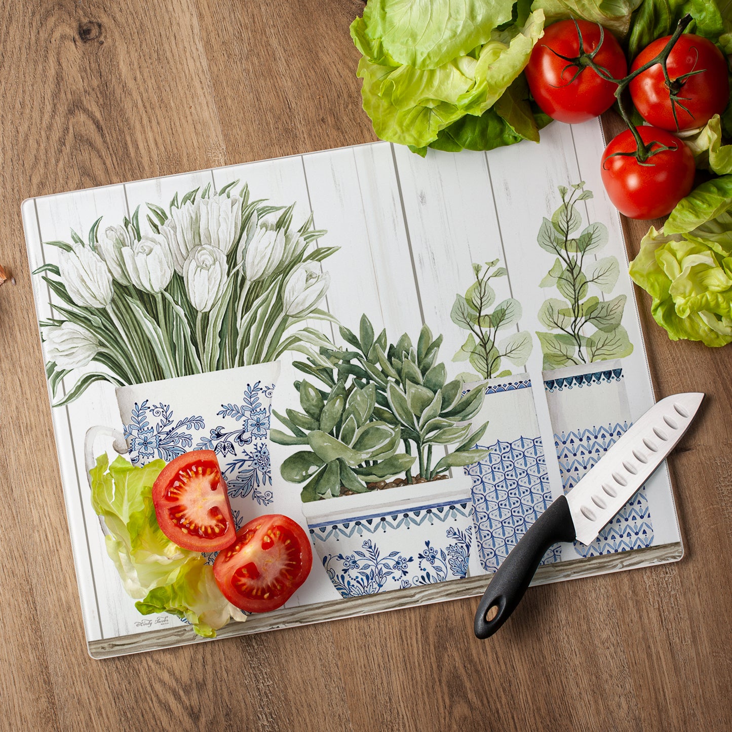 CounterArt Blue & White Pottery 3mm Tempered Glass Cutting Board 15" x 12" Manufactured in the USA
