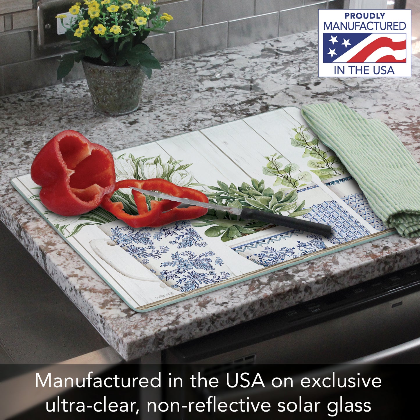 CounterArt Blue & White Pottery 3mm Tempered Glass Cutting Board 15" x 12" Manufactured in the USA