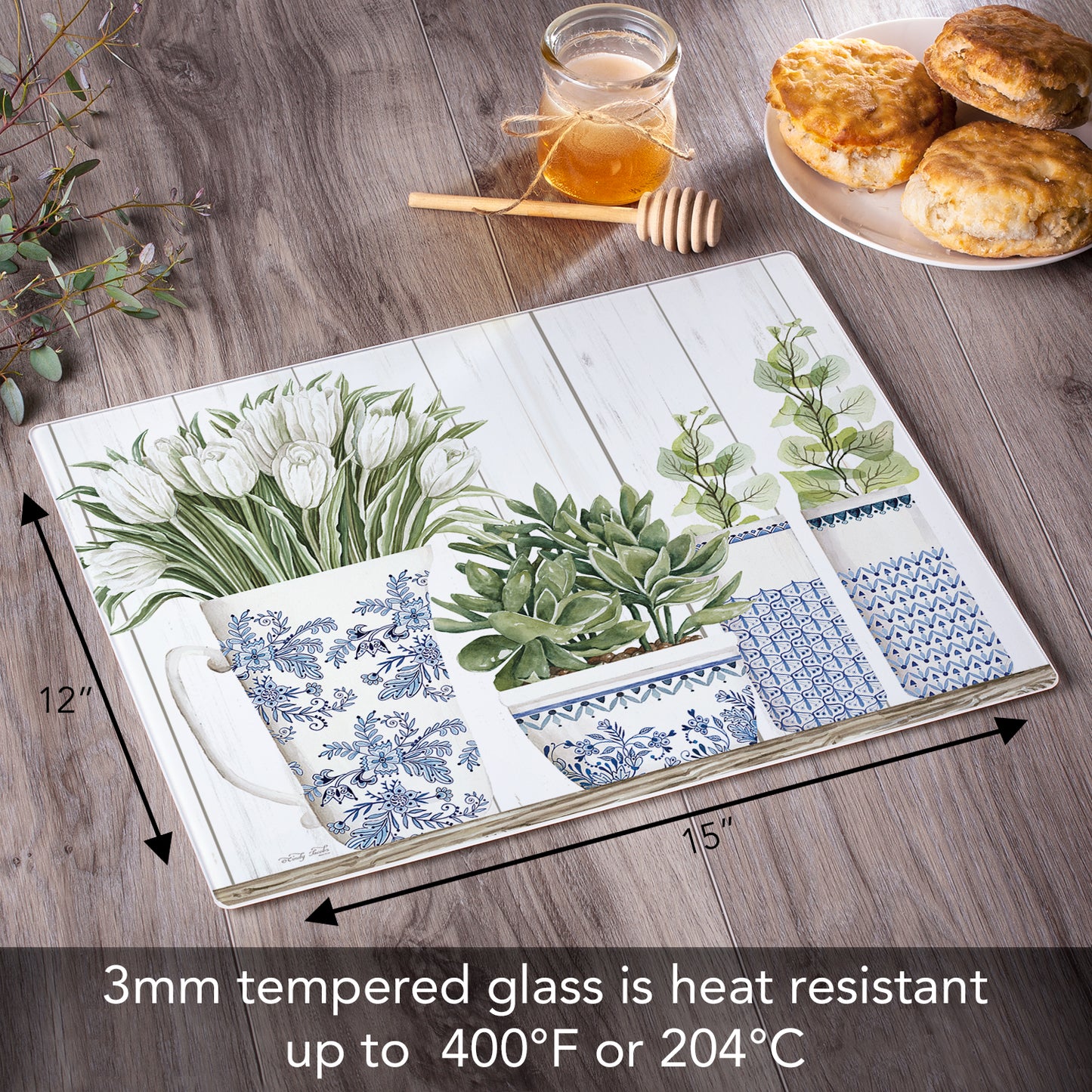 CounterArt Blue & White Pottery 3mm Tempered Glass Cutting Board 15" x 12" Manufactured in the USA