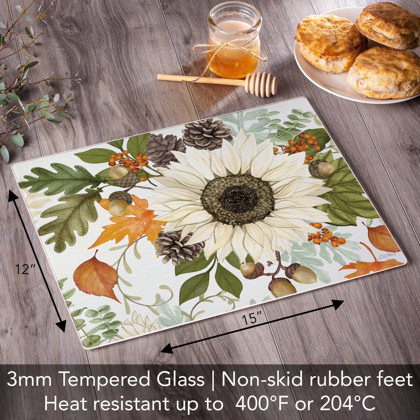 CounterArt Farmhouse Fall 3mm Tempered Glass Cutting Board 15" x 12" Manufactured in the USA