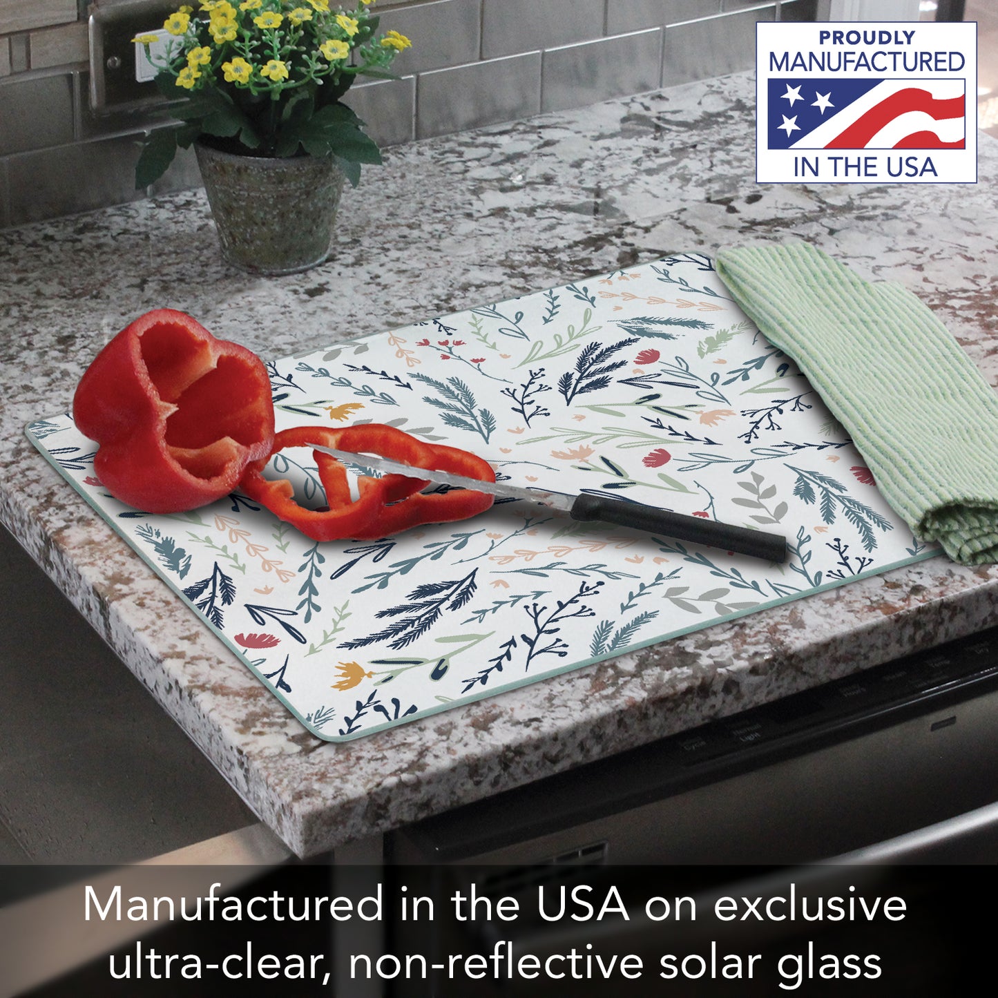 CounterArt Floral Sketch 3mm Tempered Glass Cutting Board 15” x 12” Manufactured in the USA
