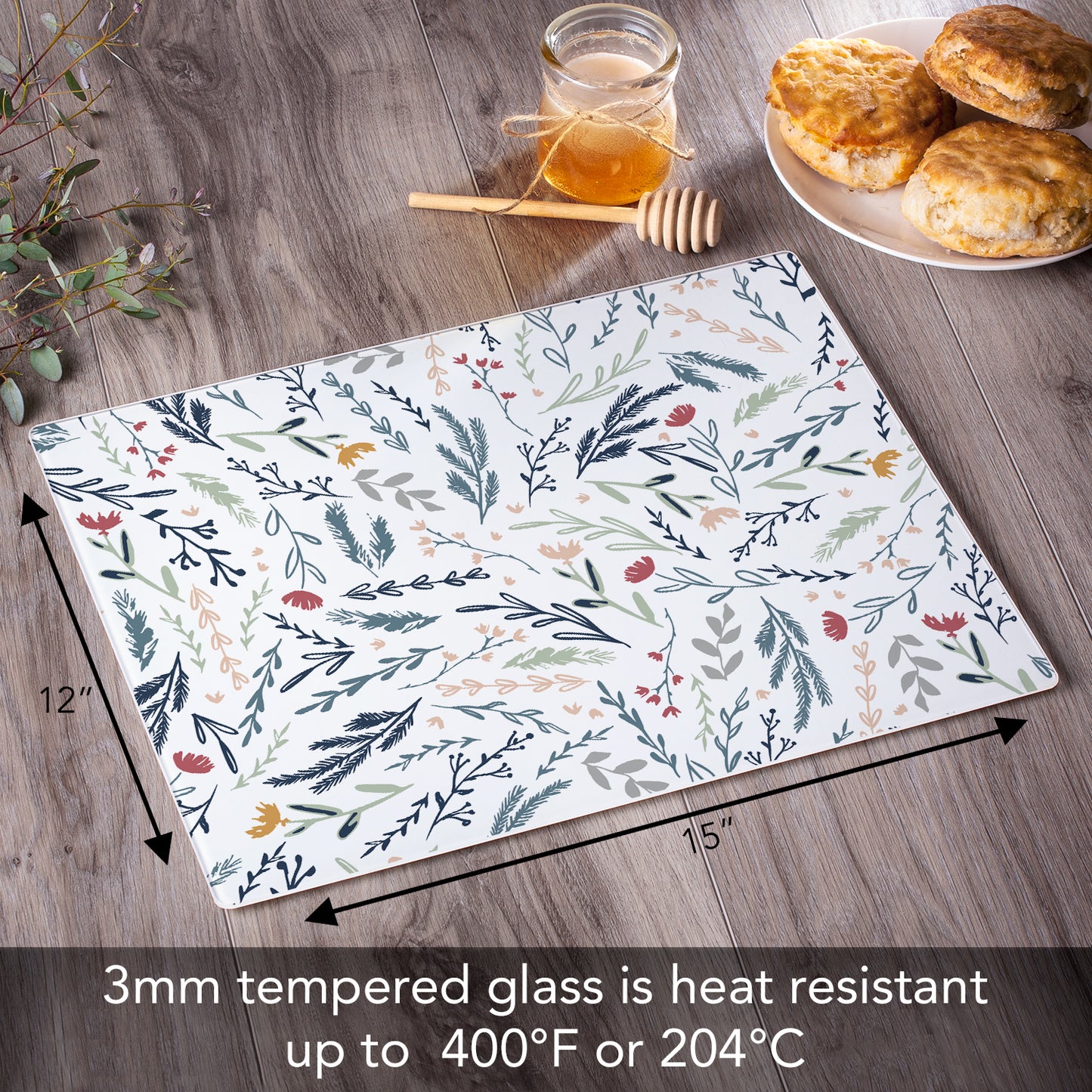 CounterArt Floral Sketch 3mm Tempered Glass Cutting Board 15” x 12” Manufactured in the USA