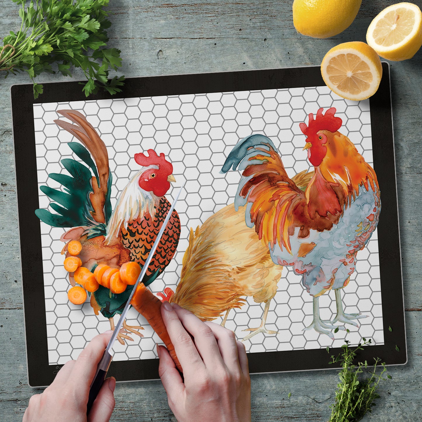 CounterArt Whimsical Roosters 3mm Tempered Glass Cutting Board 15" x 12" Manufactured in the USA