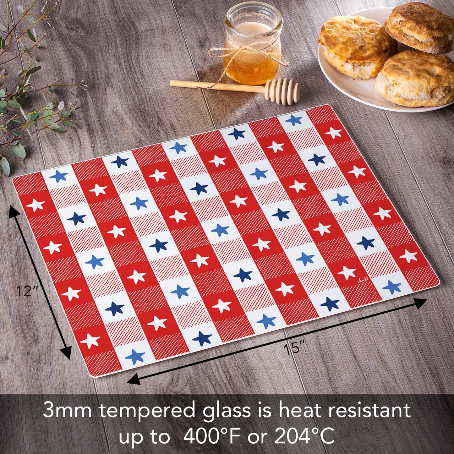 CounterArt Patriotic Picnic 3mm Tempered Glass Cutting Board 15” x 12” Manufactured in the USA