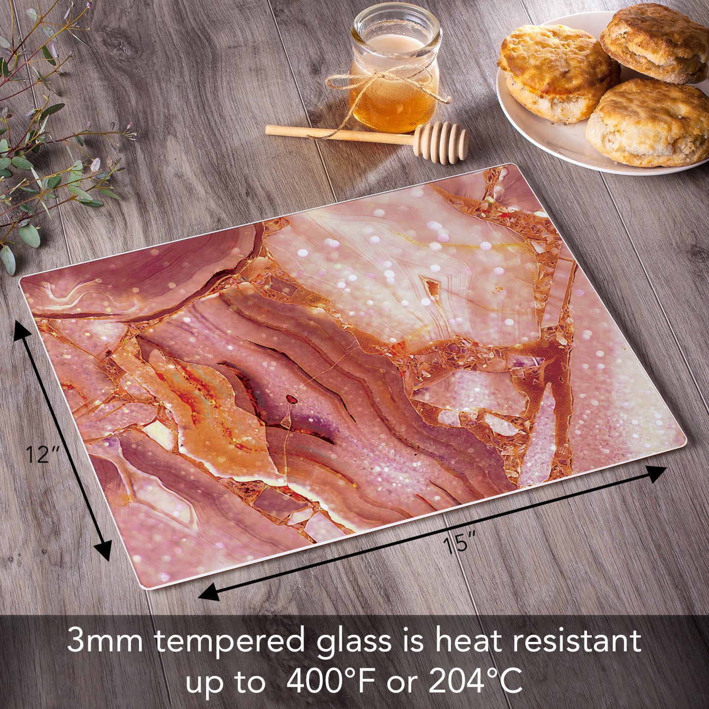 CounterArt Blush Marble Print 3mm Tempered Glass Cutting Board 15” x 12” Manufactured in the USA