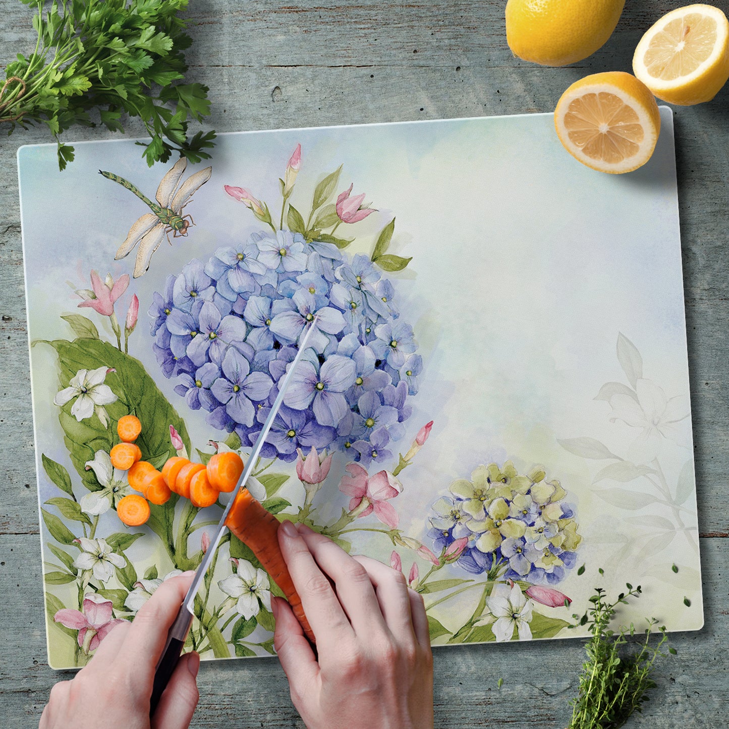 CounterArt Dragonfly Hydrangea 3mm Tempered Glass Cutting Board 15" x 12" Manufactured in the USA