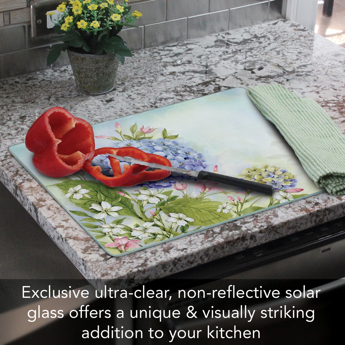 CounterArt Dragonfly Hydrangea 3mm Tempered Glass Cutting Board 15" x 12" Manufactured in the USA