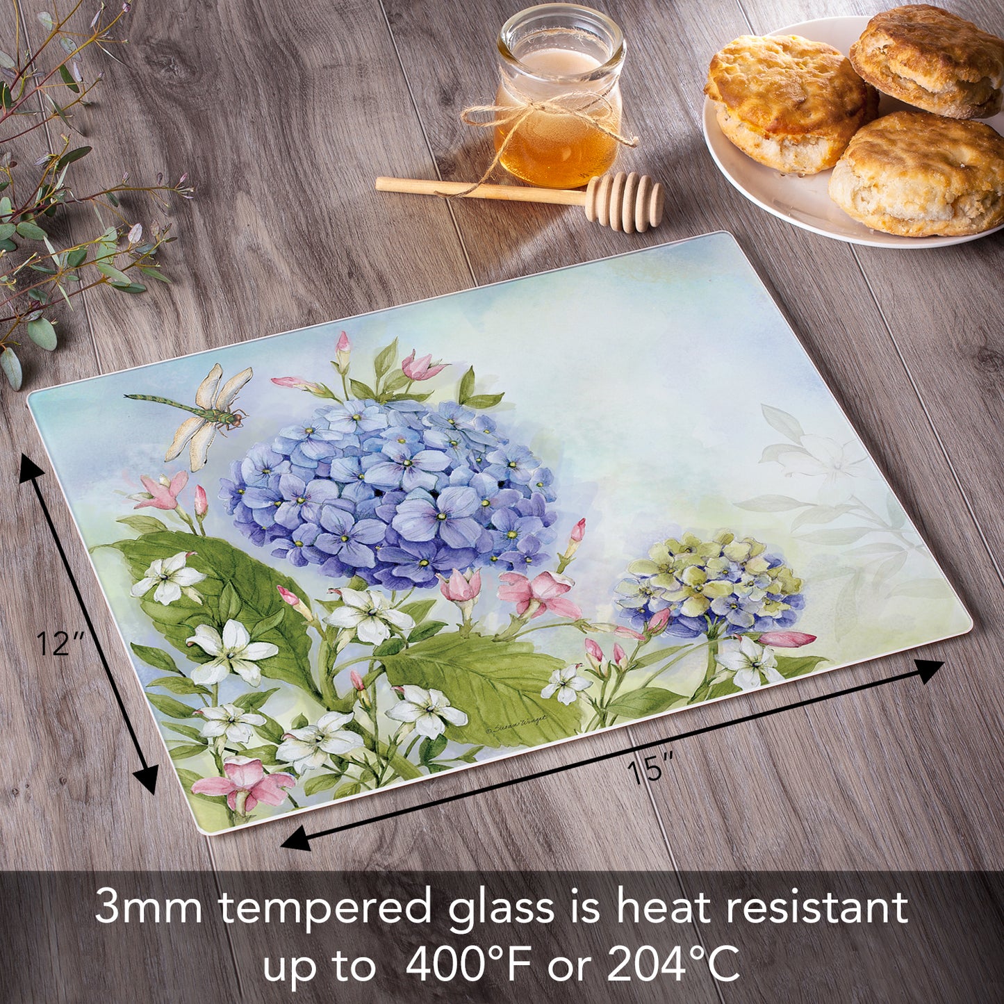 CounterArt Dragonfly Hydrangea 3mm Tempered Glass Cutting Board 15" x 12" Manufactured in the USA