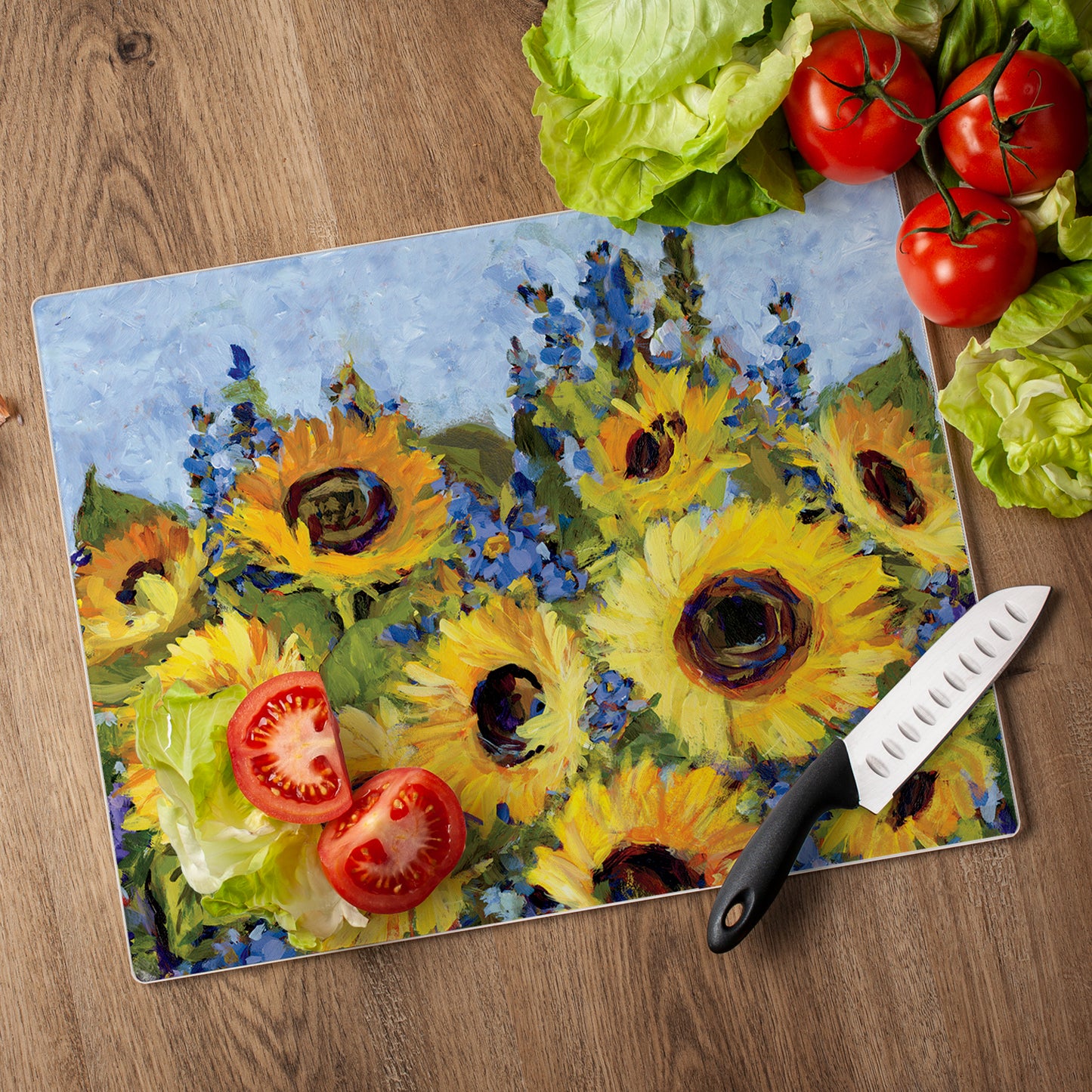 CounterArt Gallery of Sunflowers 3mm Tempered Glass Cutting Board 15" x 12" Manufactured in the USA