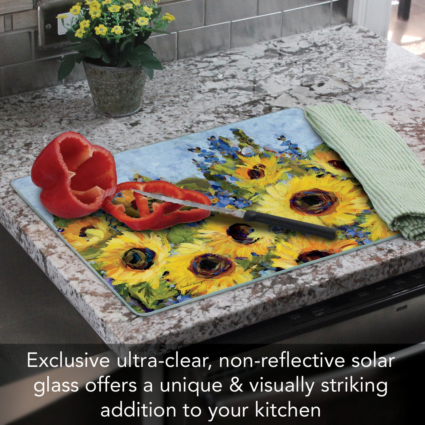 CounterArt Gallery of Sunflowers 3mm Tempered Glass Cutting Board 15" x 12" Manufactured in the USA