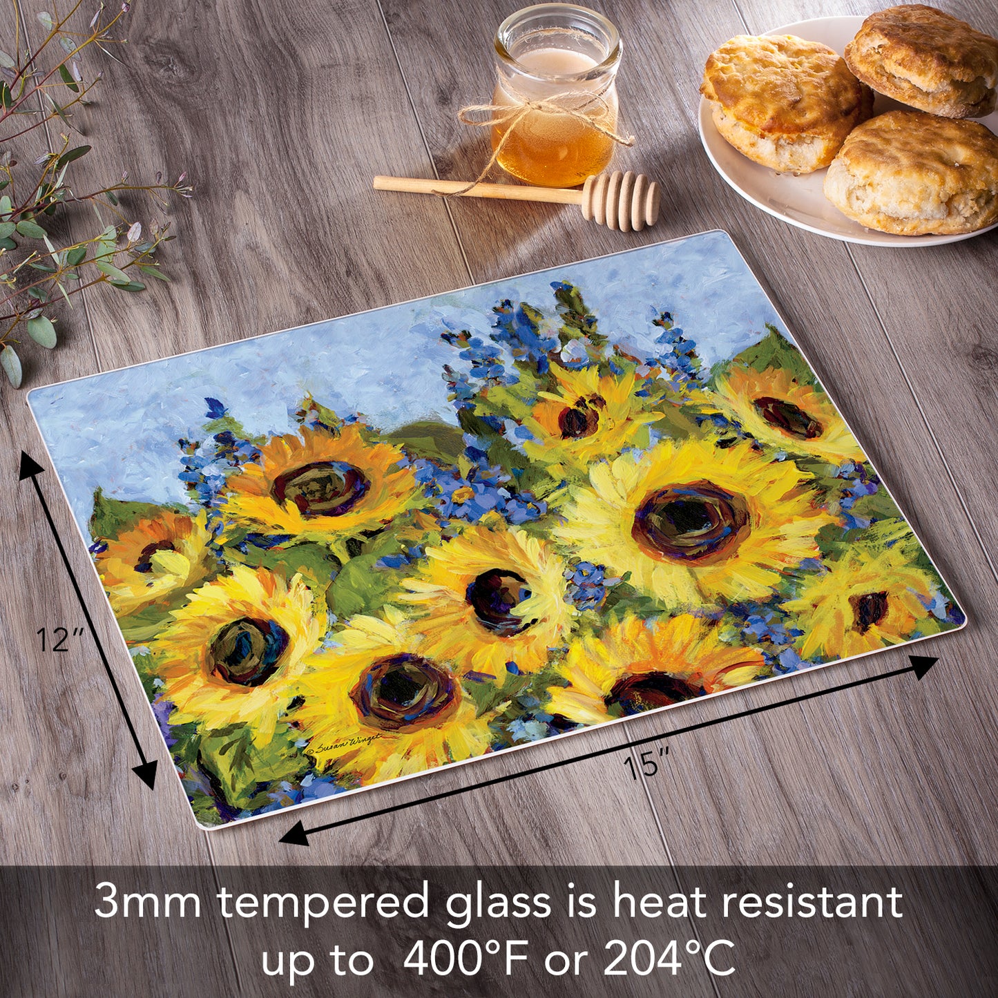 CounterArt Gallery of Sunflowers 3mm Tempered Glass Cutting Board 15" x 12" Manufactured in the USA