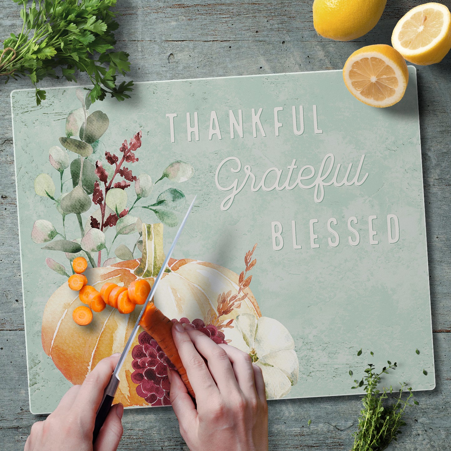 CounterArt Thankful Grateful Pumpkin 3mm Tempered Glass Cutting Board 15" x 12" Manufactured in the USA