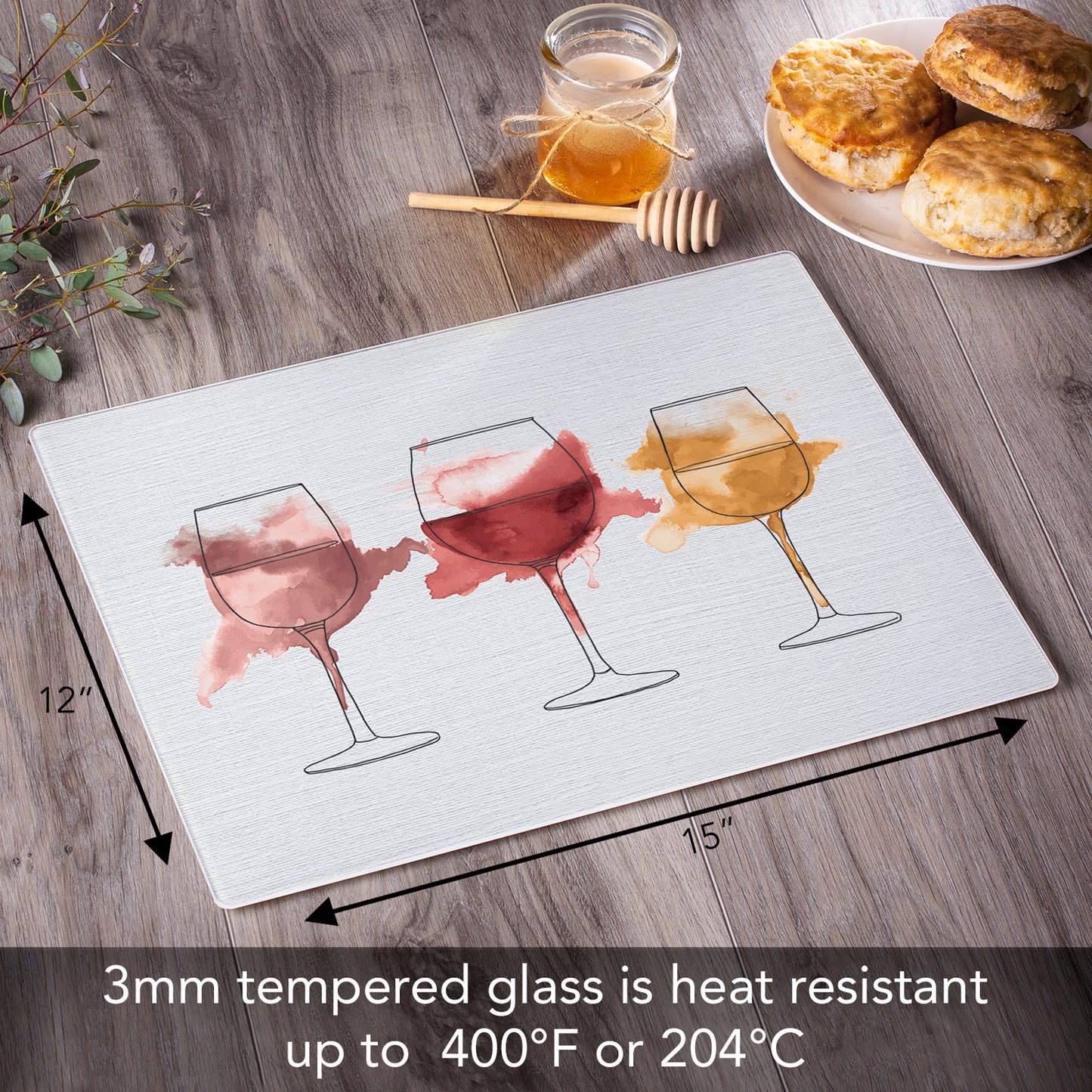 CounterArt Watercolor Wine 3mm Tempered Glass Cutting Board 15” x 12” Manufactured in the USA