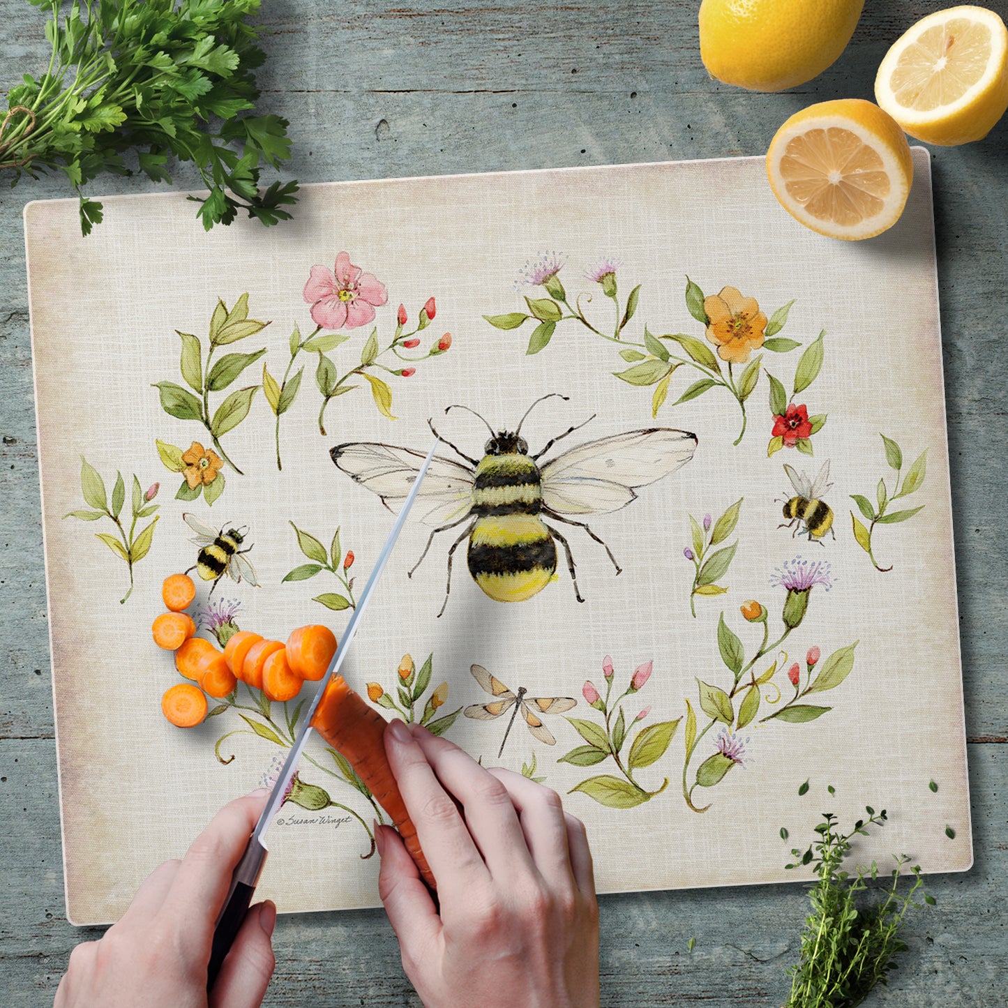 CounterArt Bee Wreath 3mm Tempered Glass Cutting Board 15" x 12" Manufactured in the USA