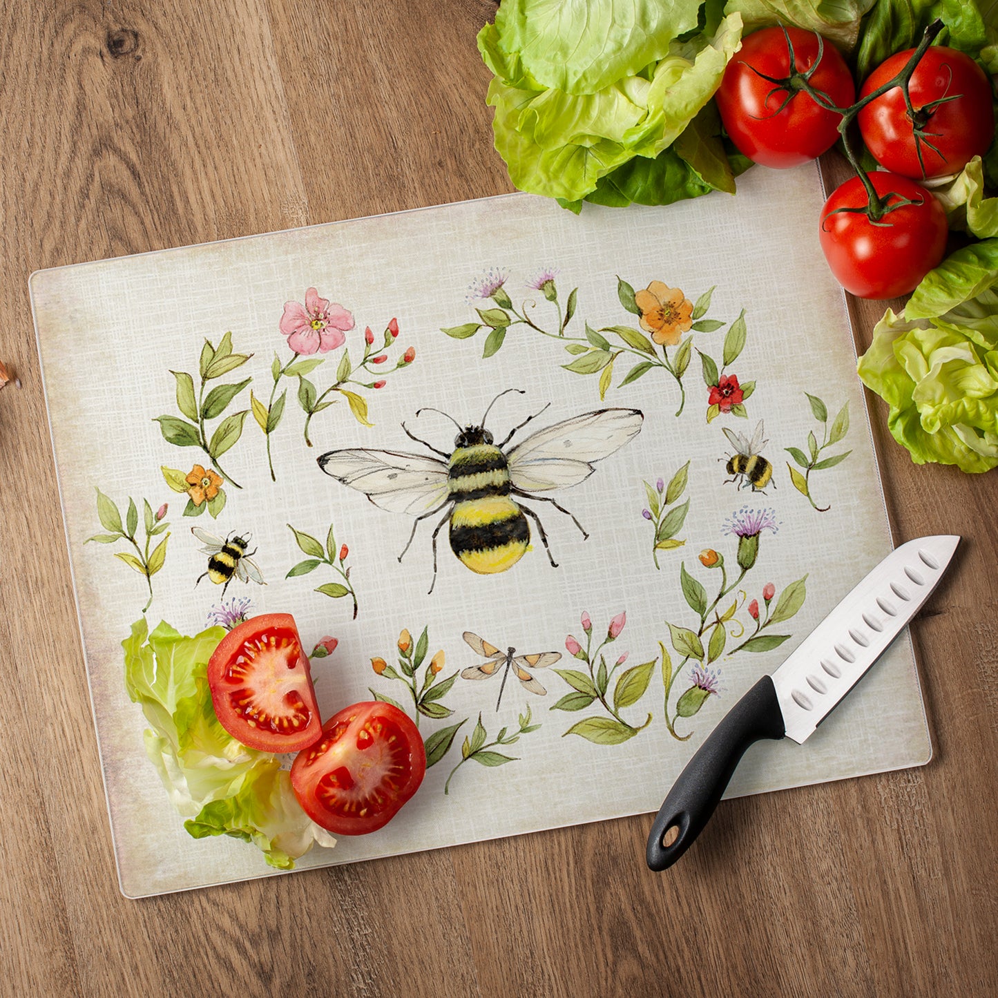 CounterArt Bee Wreath 3mm Tempered Glass Cutting Board 15" x 12" Manufactured in the USA
