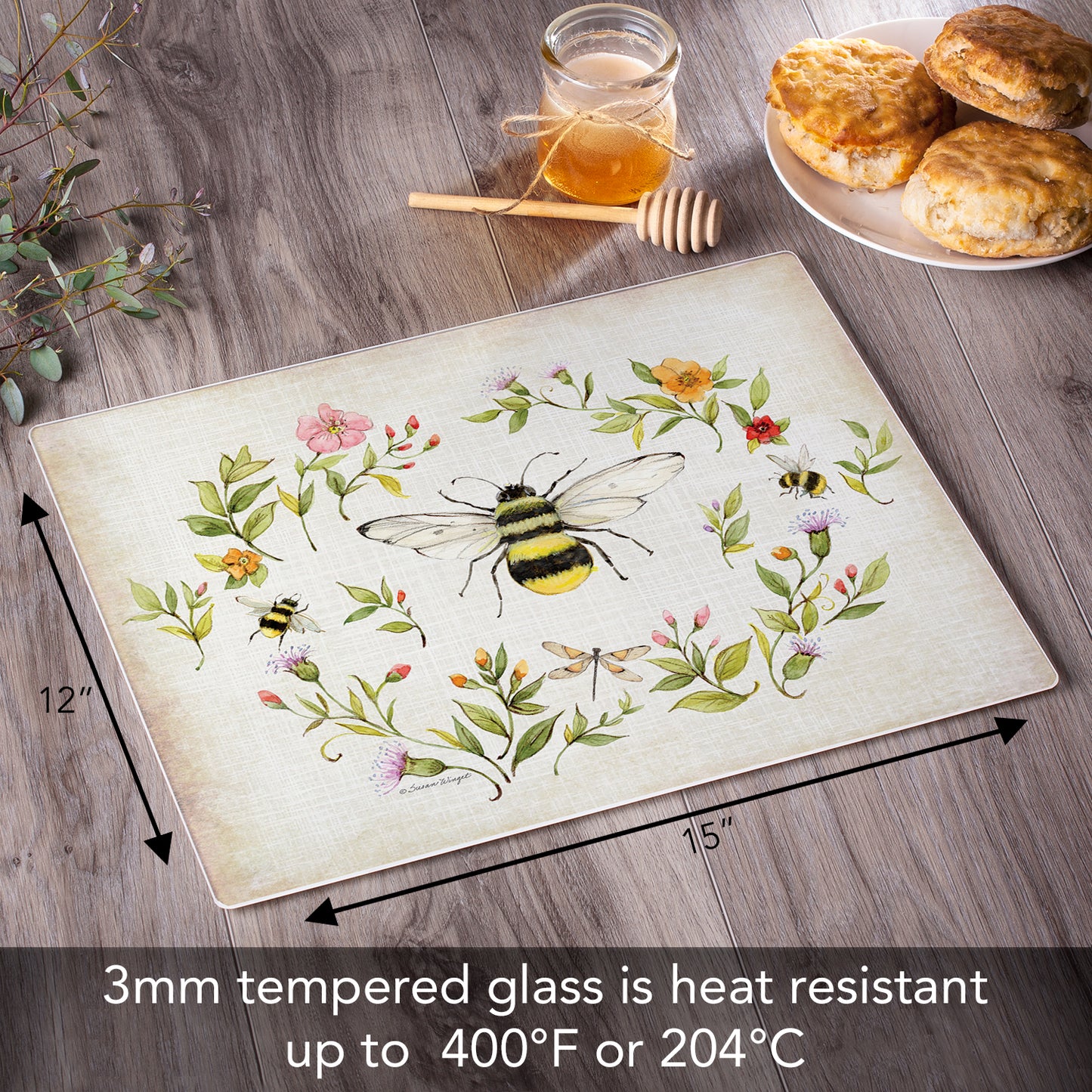 CounterArt Bee Wreath 3mm Tempered Glass Cutting Board 15" x 12" Manufactured in the USA