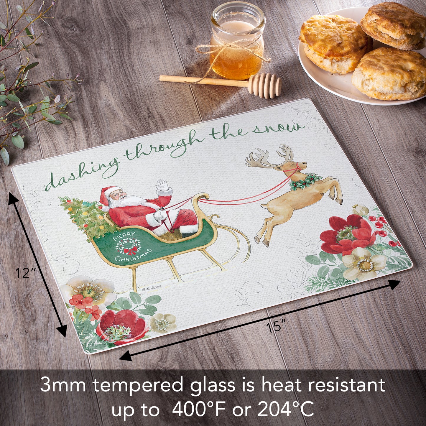 CounterArt Holiday Traditions 3mm Tempered Glass Cutting Board 15” x 12” Manufactured in the USA