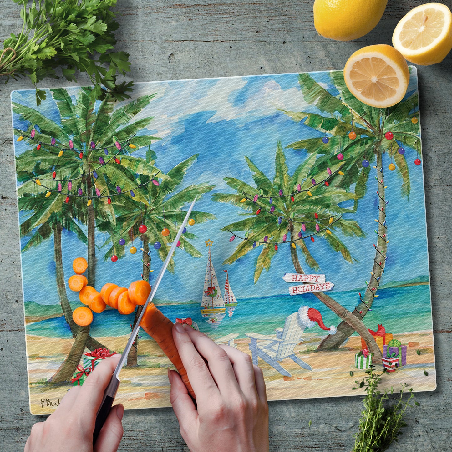 CounterArt Holiday Palms 3mm Tempered Glass Cutting Board 15" x 12" Manufactured in the USA