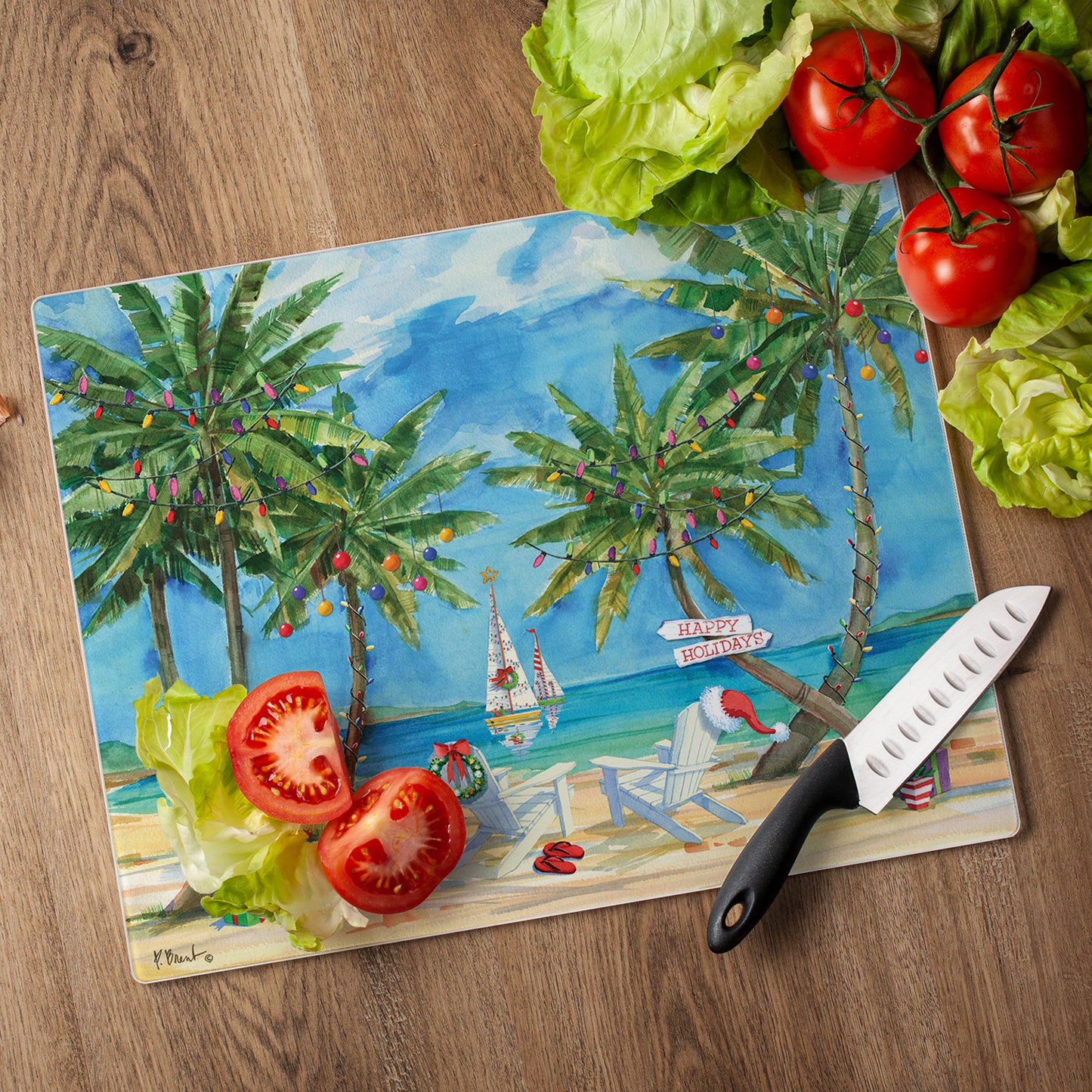 CounterArt Holiday Palms 3mm Tempered Glass Cutting Board 15" x 12" Manufactured in the USA