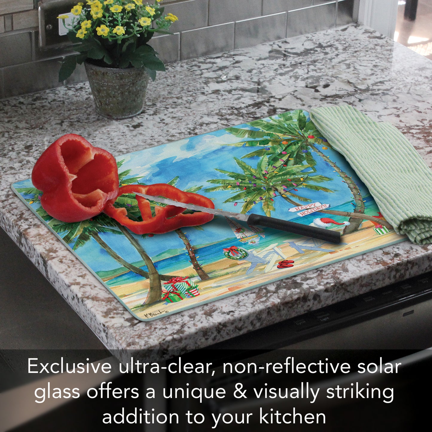 CounterArt Holiday Palms 3mm Tempered Glass Cutting Board 15" x 12" Manufactured in the USA
