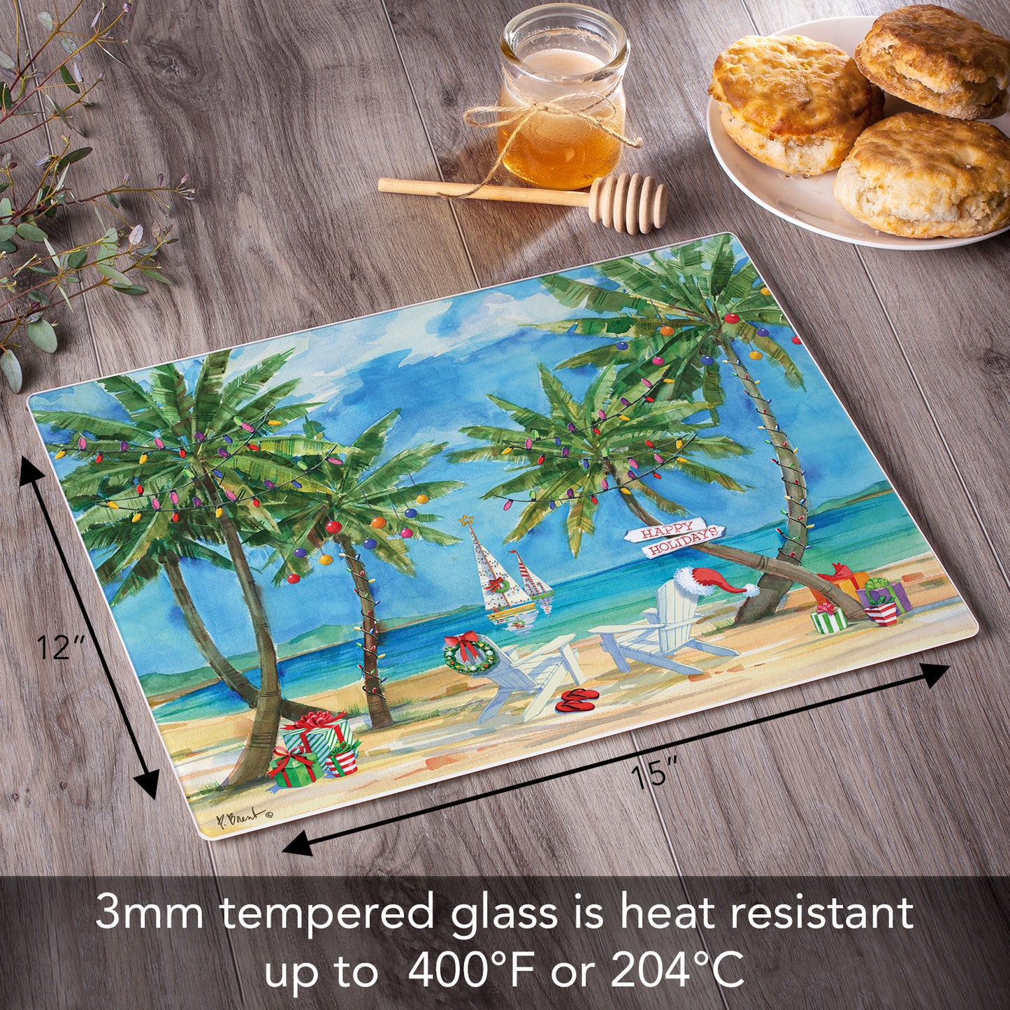 CounterArt Holiday Palms 3mm Tempered Glass Cutting Board 15" x 12" Manufactured in the USA