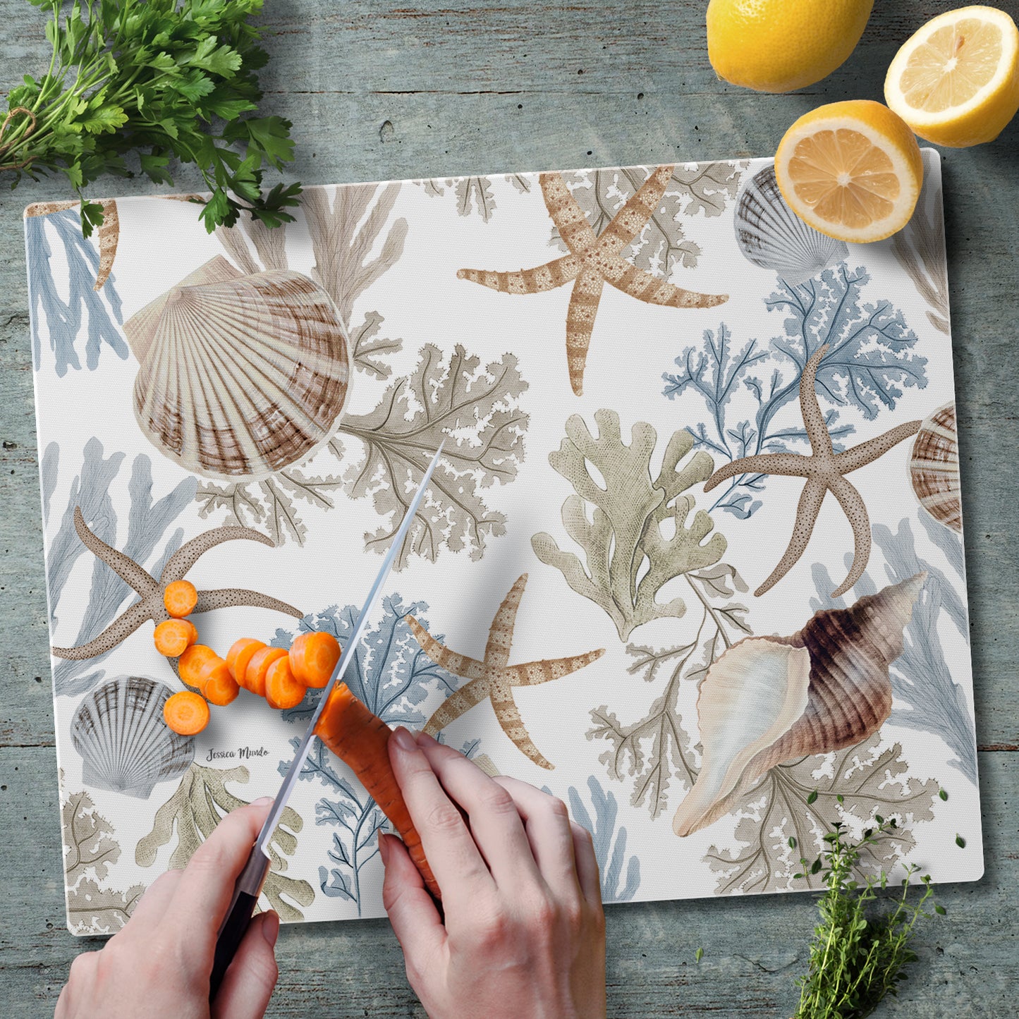 CounterArt Seashells & Starfish 3mm Tempered Glass Cutting Board 15" x 12" Manufactured in the USA