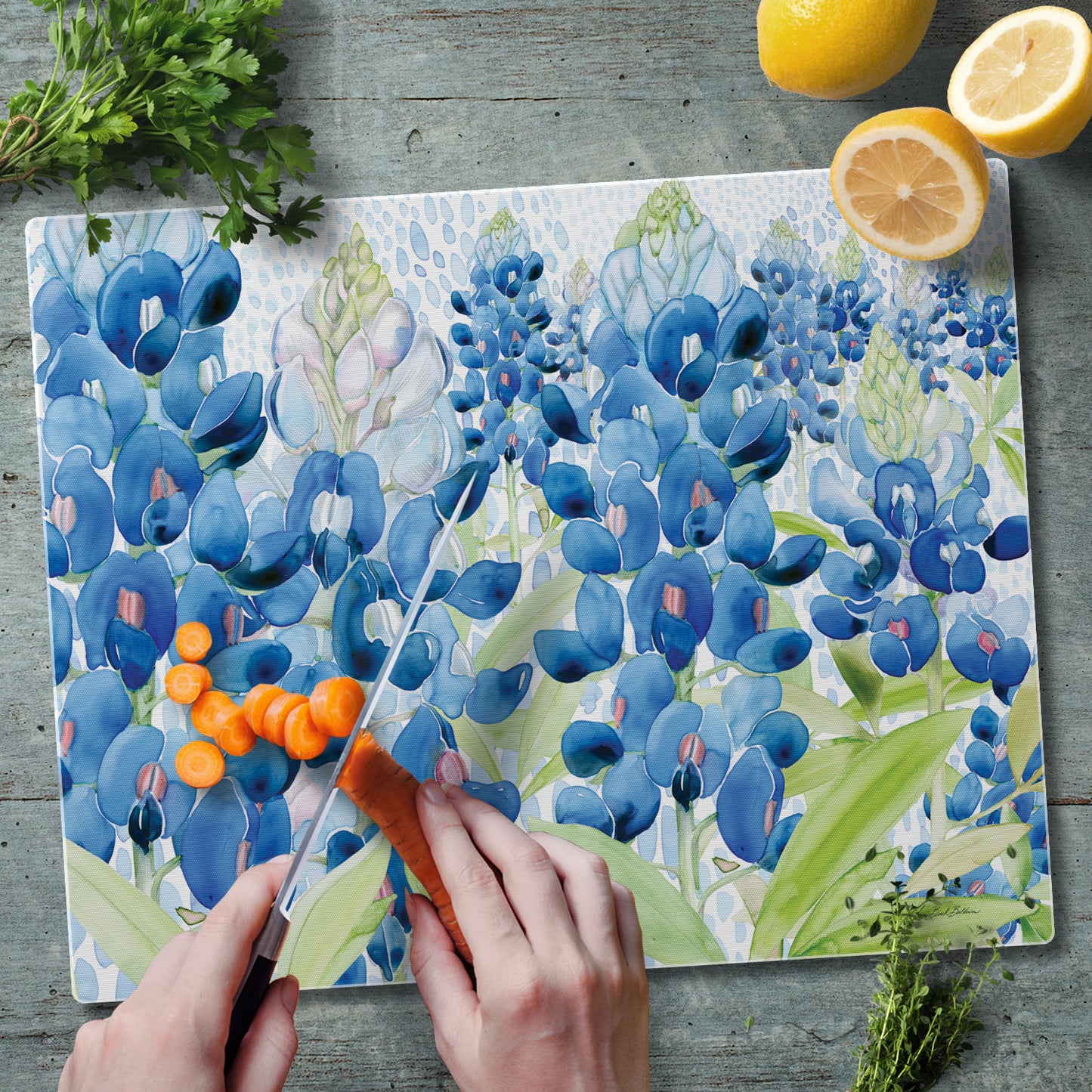 CounterArt Bluebonnet Field 3mm Tempered Glass Cutting Board 15" x 12" Manufactured in the USA