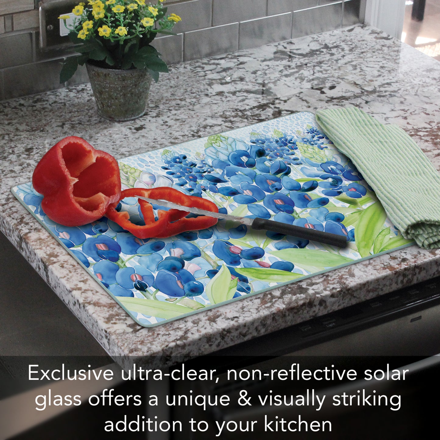CounterArt Bluebonnet Field 3mm Tempered Glass Cutting Board 15" x 12" Manufactured in the USA