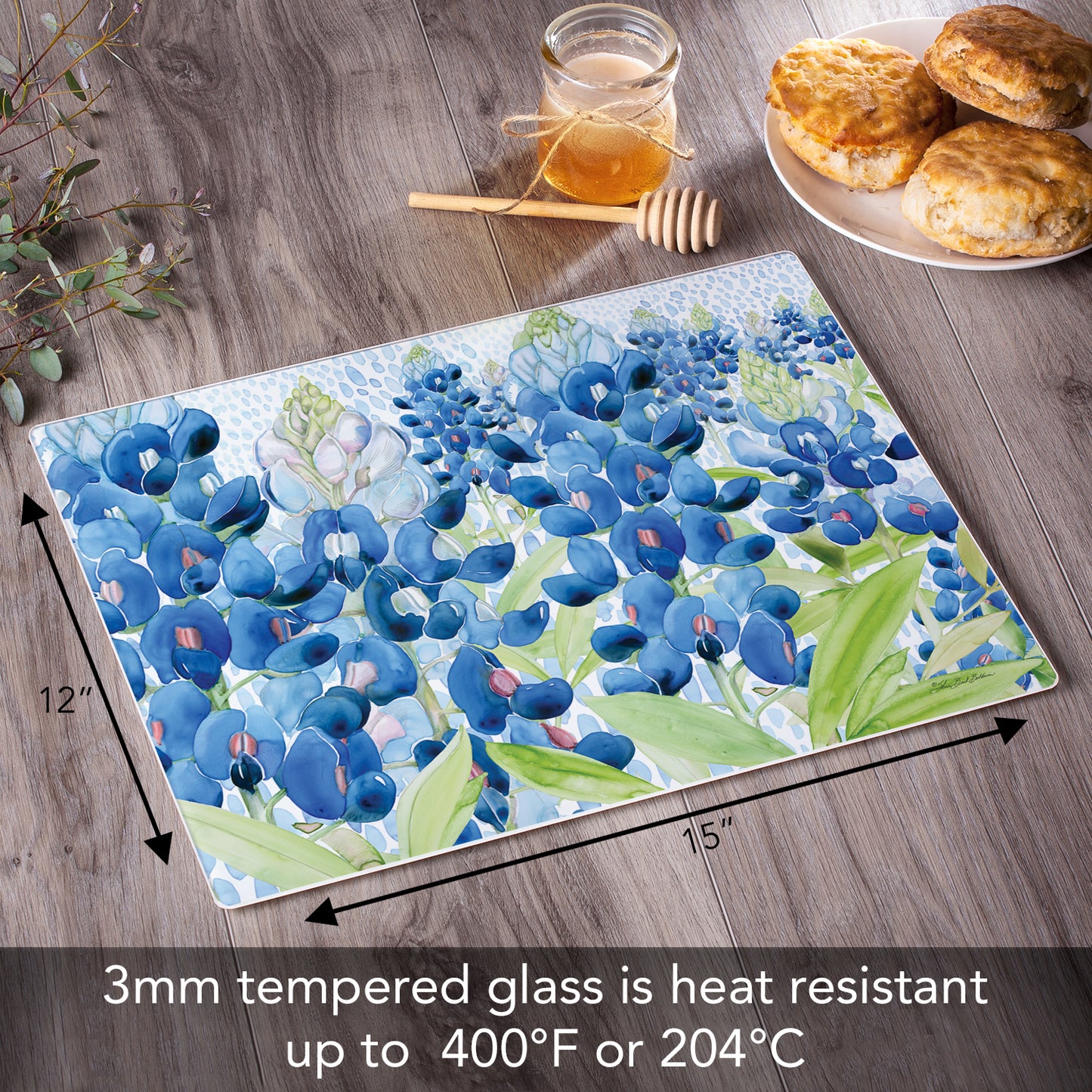 CounterArt Bluebonnet Field 3mm Tempered Glass Cutting Board 15" x 12" Manufactured in the USA