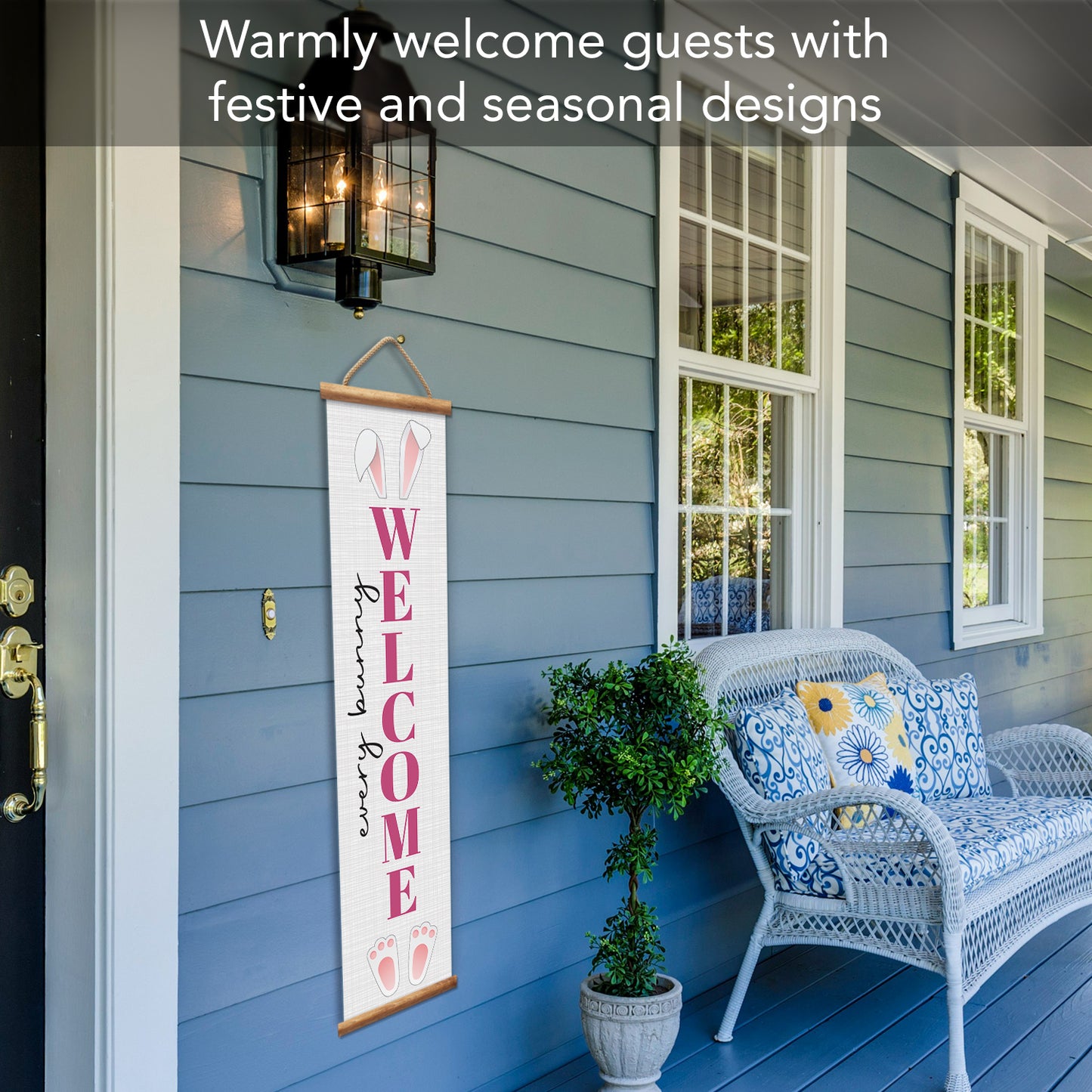 Highland Home Bunny Welcome Indoor/Outdoor Vinyl Hanging Entryway Sign Made in the USA Reusable Easy Wipes Clean Easy Storage