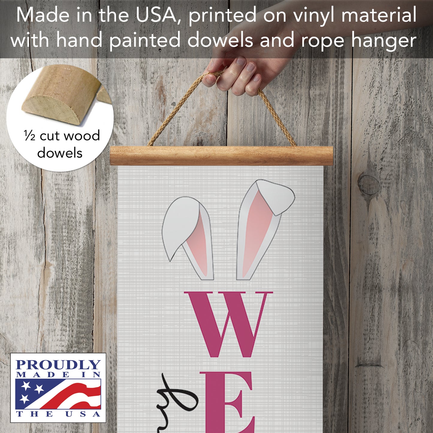 Highland Home Bunny Welcome Indoor/Outdoor Vinyl Hanging Entryway Sign Made in the USA Reusable Easy Wipes Clean Easy Storage