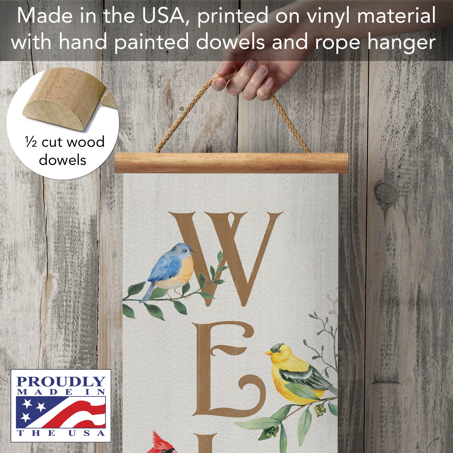 Highland Home Bird Welcome Indoor/Outdoor Vinyl Hanging Entryway Sign Made in the USA Reusable Easy Wipes Clean Easy Storage