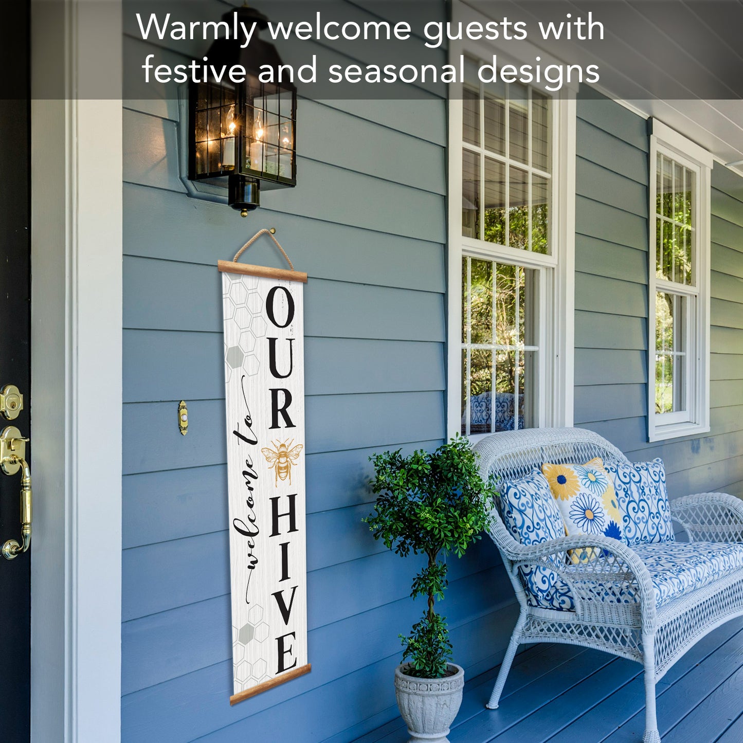 Highland Home Welcome To Our Hive Indoor/Outdoor Vinyl Hanging Entryway Sign Made in the USA Reusable Easy Wipes Clean Easy Storage