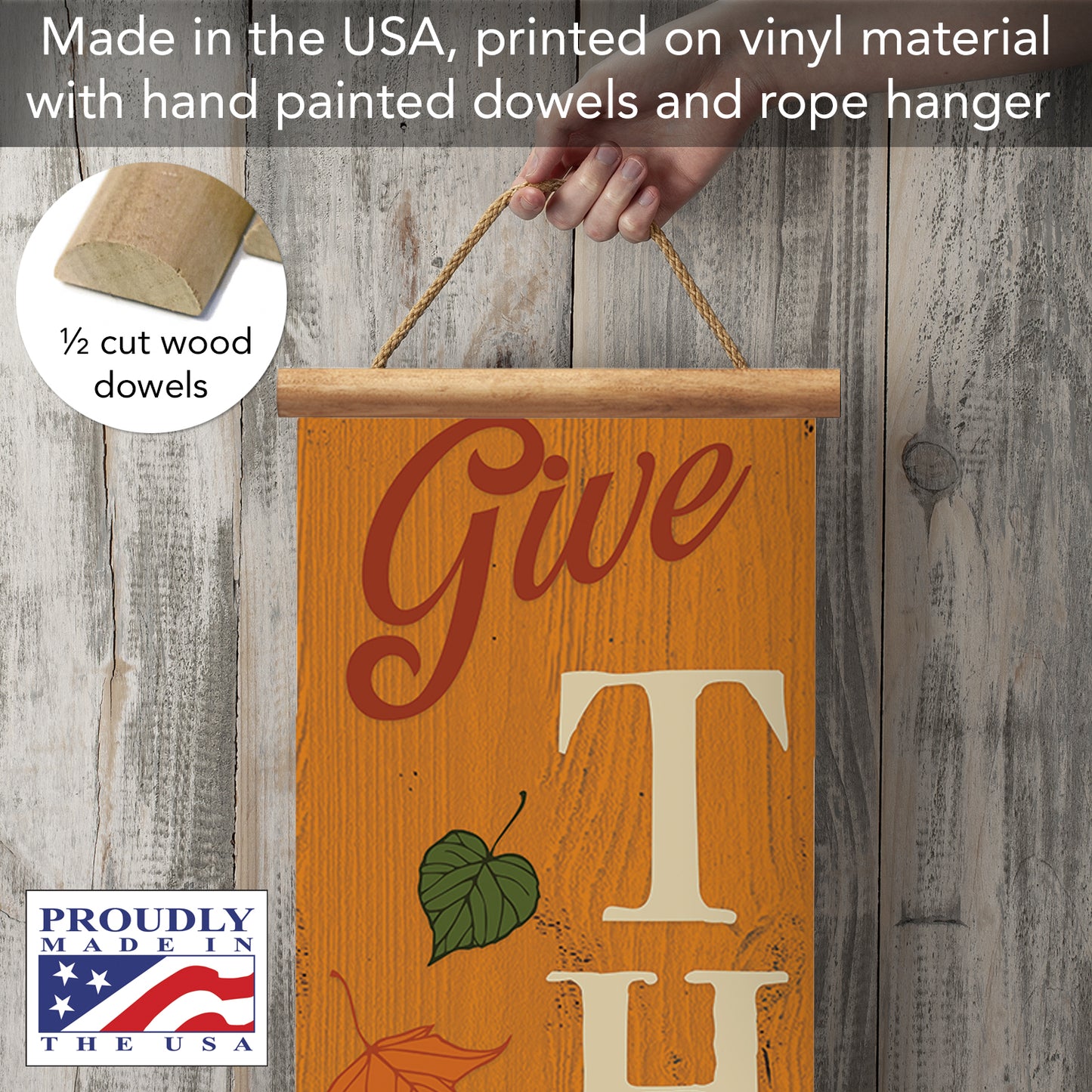 Highland Home Give Thanks Indoor/Outdoor Vinyl Hanging Entryway Sign Made in the USA Reusable Easy Wipes Clean Easy Storage