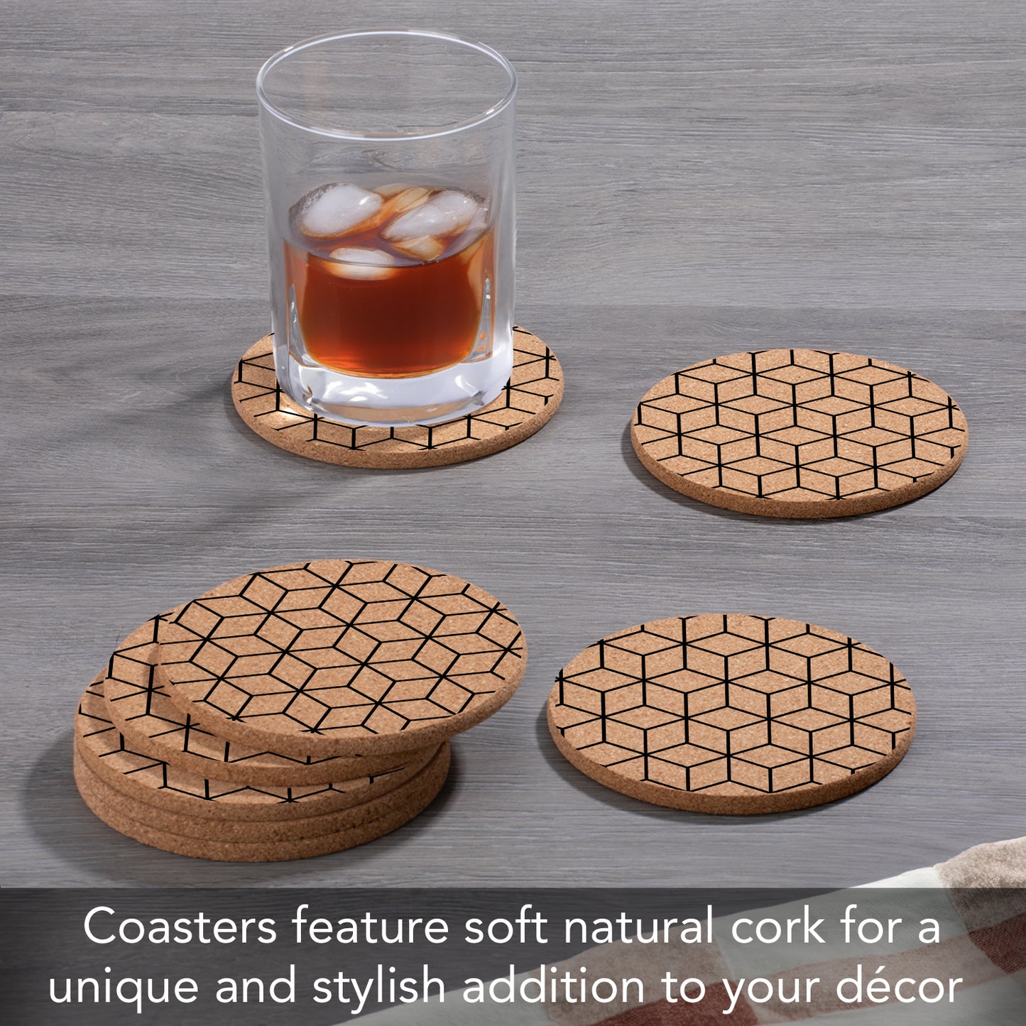 Thirstystone Cubes 8-Pack Thick Natural Cork Coasters Manufactured in The USA Eco-Friendly Absorbent Durable