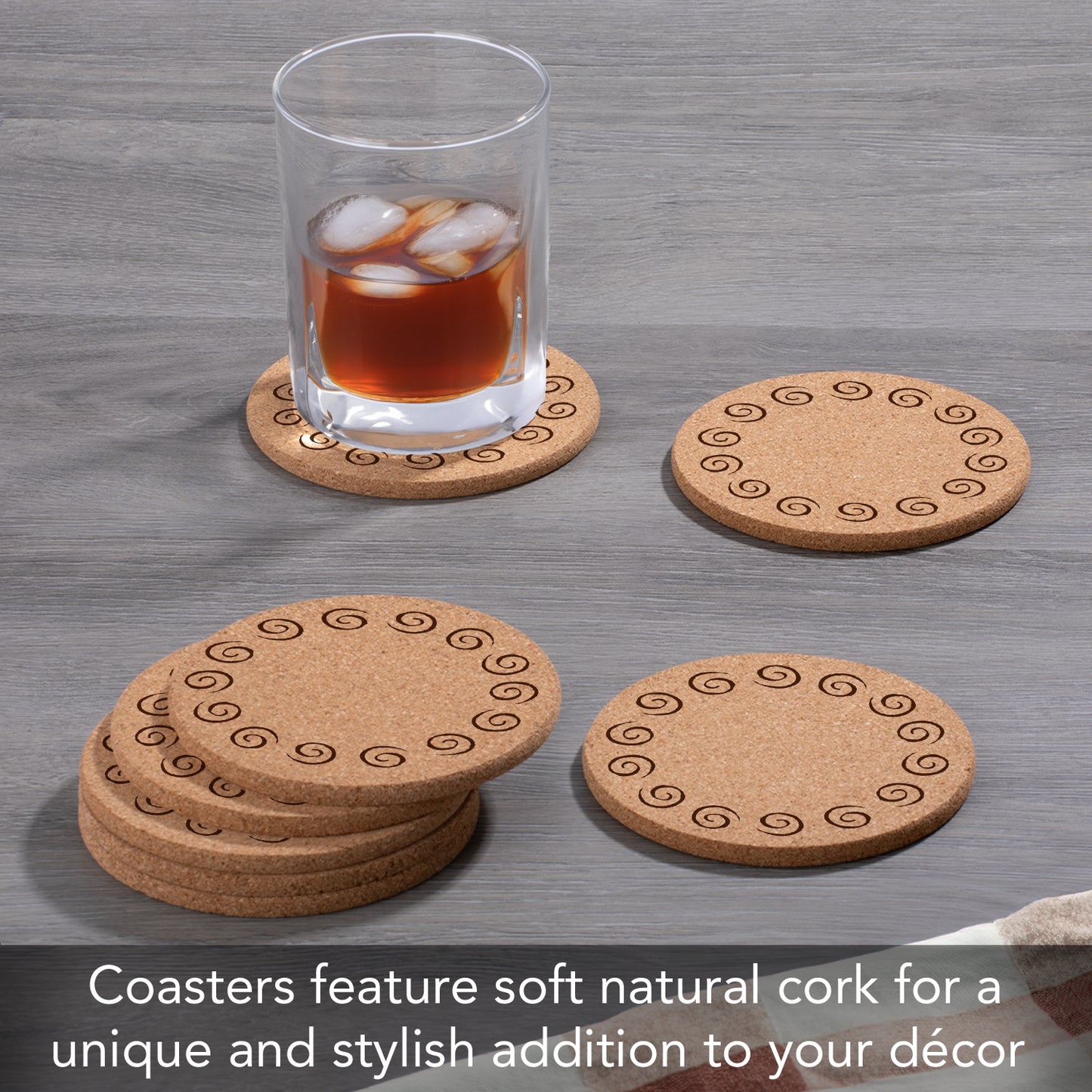 Thirstystone Swirls 8-Pack Thick Natural Cork Coasters Manufactured in The USA Eco-Friendly Absorbent Durable