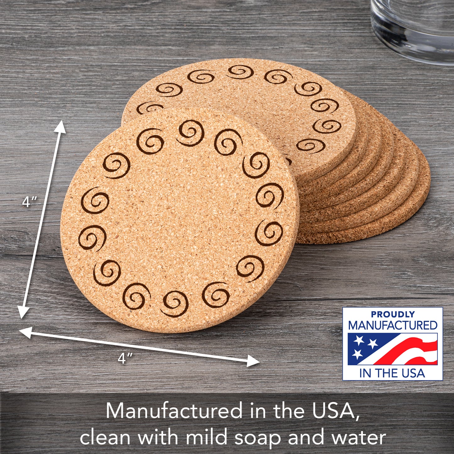 Thirstystone Swirls 8-Pack Thick Natural Cork Coasters Manufactured in The USA Eco-Friendly Absorbent Durable