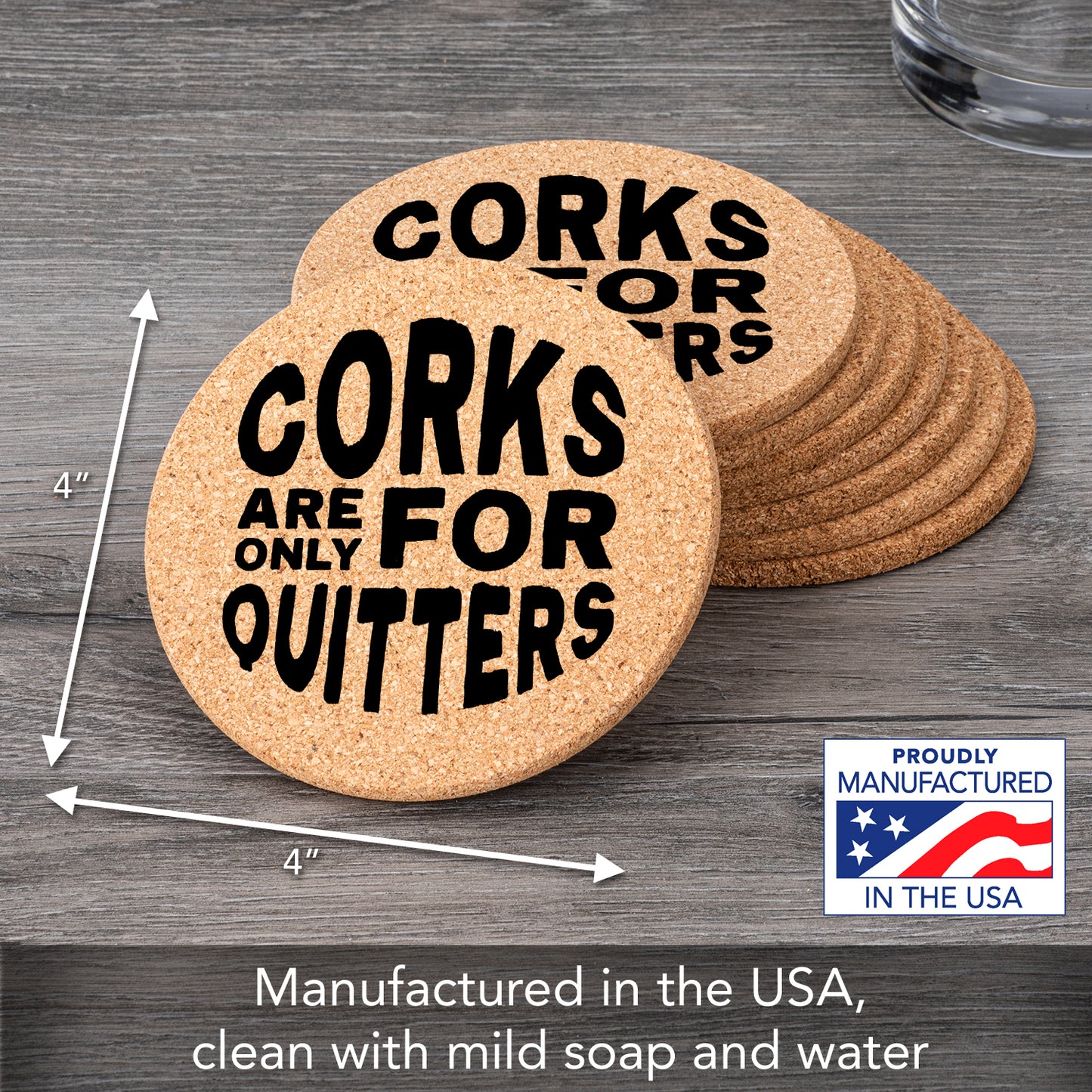 Thirstystone Quitters 8-Pack Thick Natural Cork Coasters Manufactured in The USA Eco-Friendly Absorbent Durable