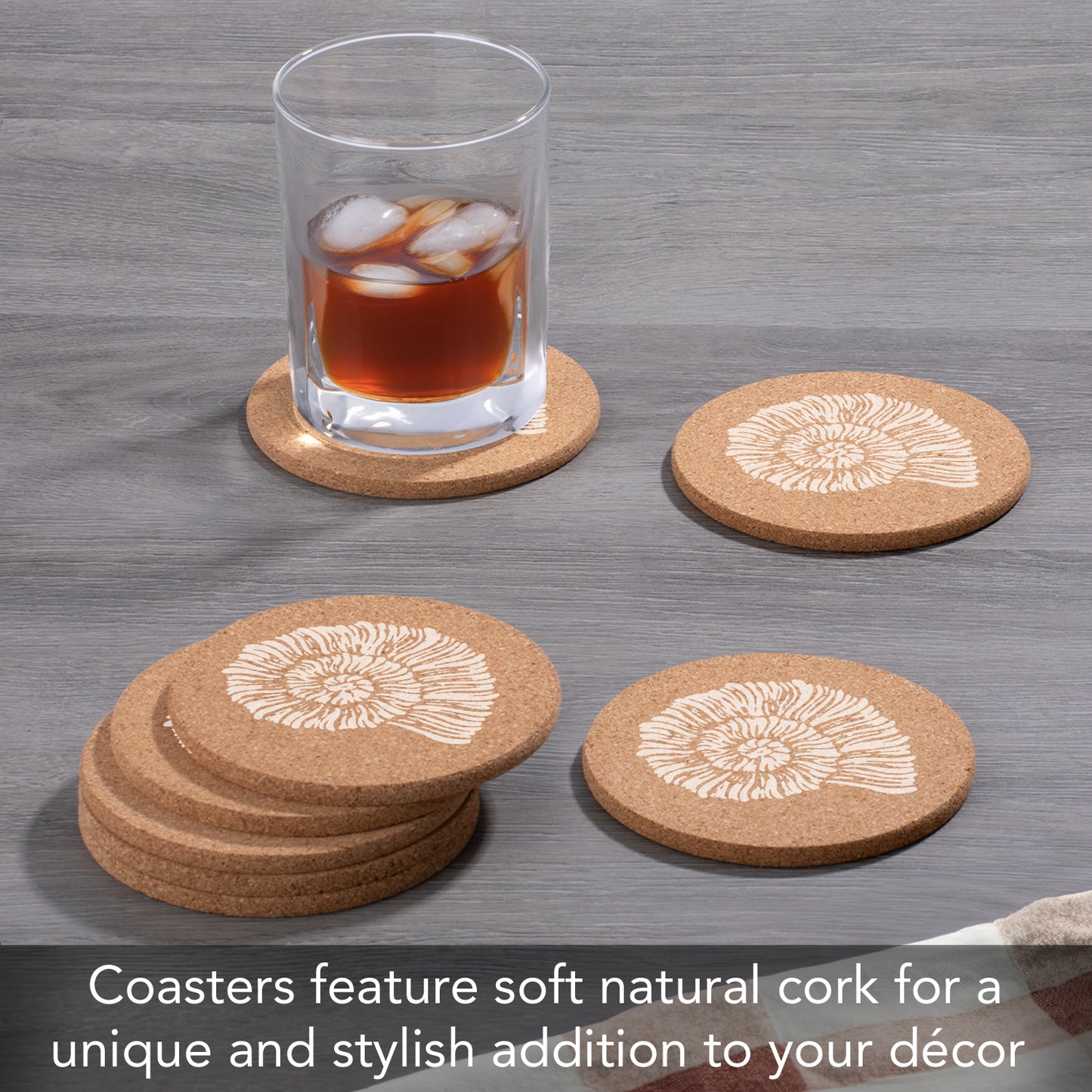 Thirstystone Seashells 8-Pack Thick Natural Cork Coasters Manufactured in The USA Eco-Friendly Absorbent Durable