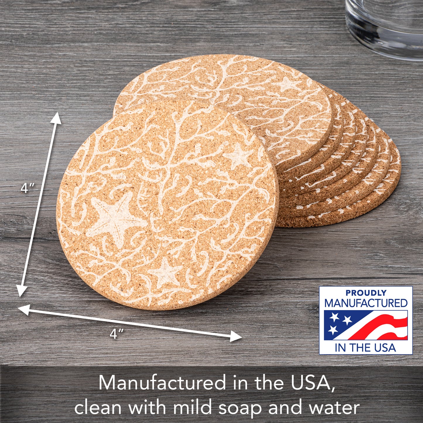 Thirstystone Starfish 8-Pack Thick Natural Cork Coasters Manufactured in The USA Eco-Friendly Absorbent Durable