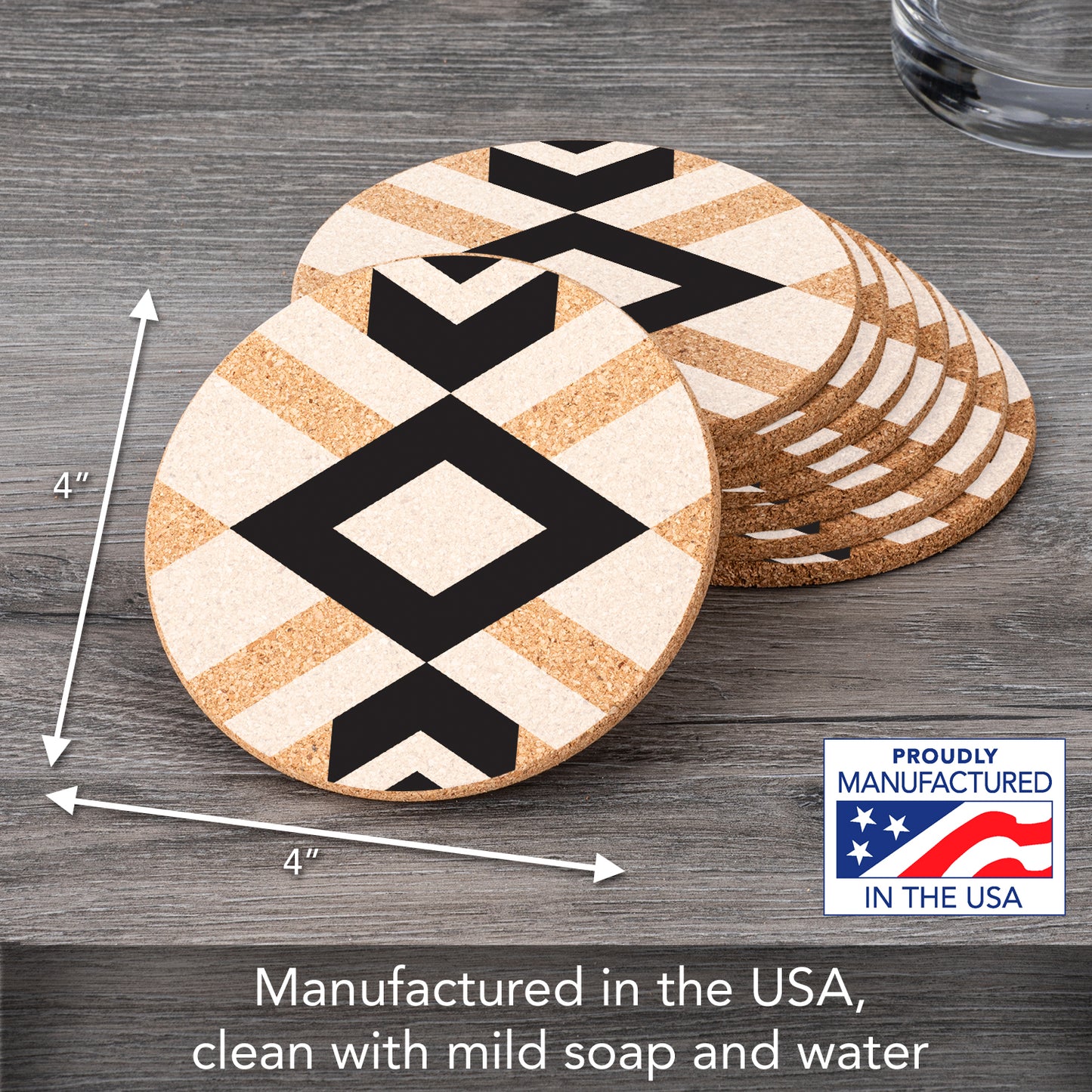 Thirstystone Aztec 8-Pack Thick Natural Cork Coasters Manufactured in The USA Eco-Friendly Absorbent Durable