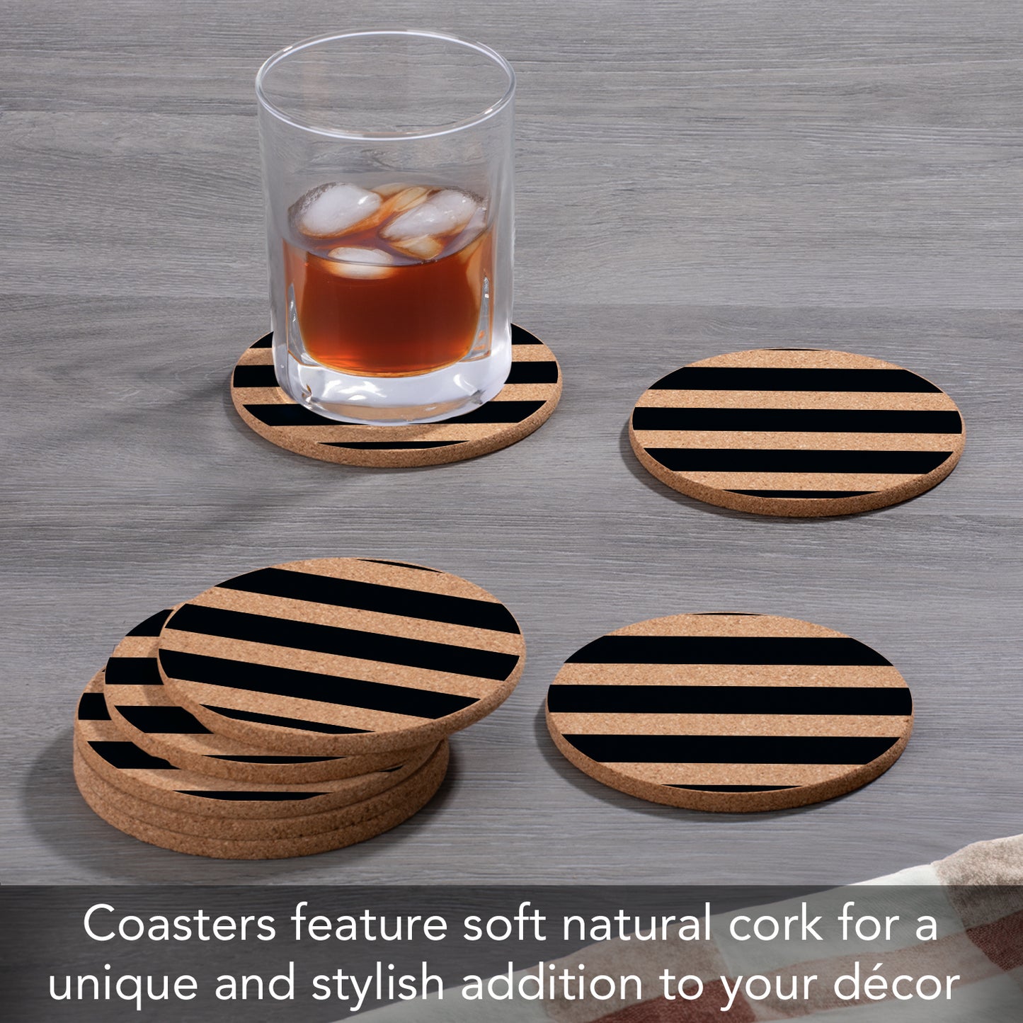 Thirstystone Stripes 8-Pack Thick Natural Cork Coasters Manufactured in The USA Eco-Friendly Absorbent Durable