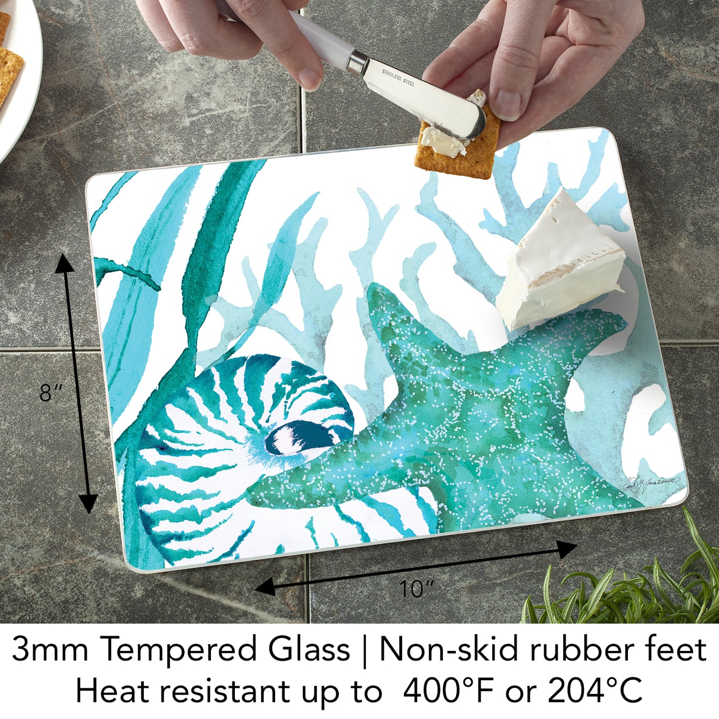 CounterArt Coral Life 3mm Tempered Glass Cutting Board 10” x 8” Manufactured in the USA
