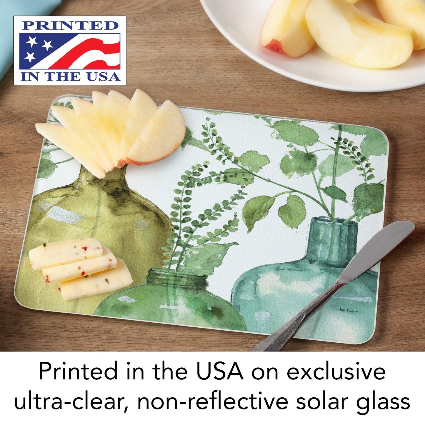 CounterArt Greenery 3mm Tempered Glass Cutting Board 10” x 8” Manufactured in the USA